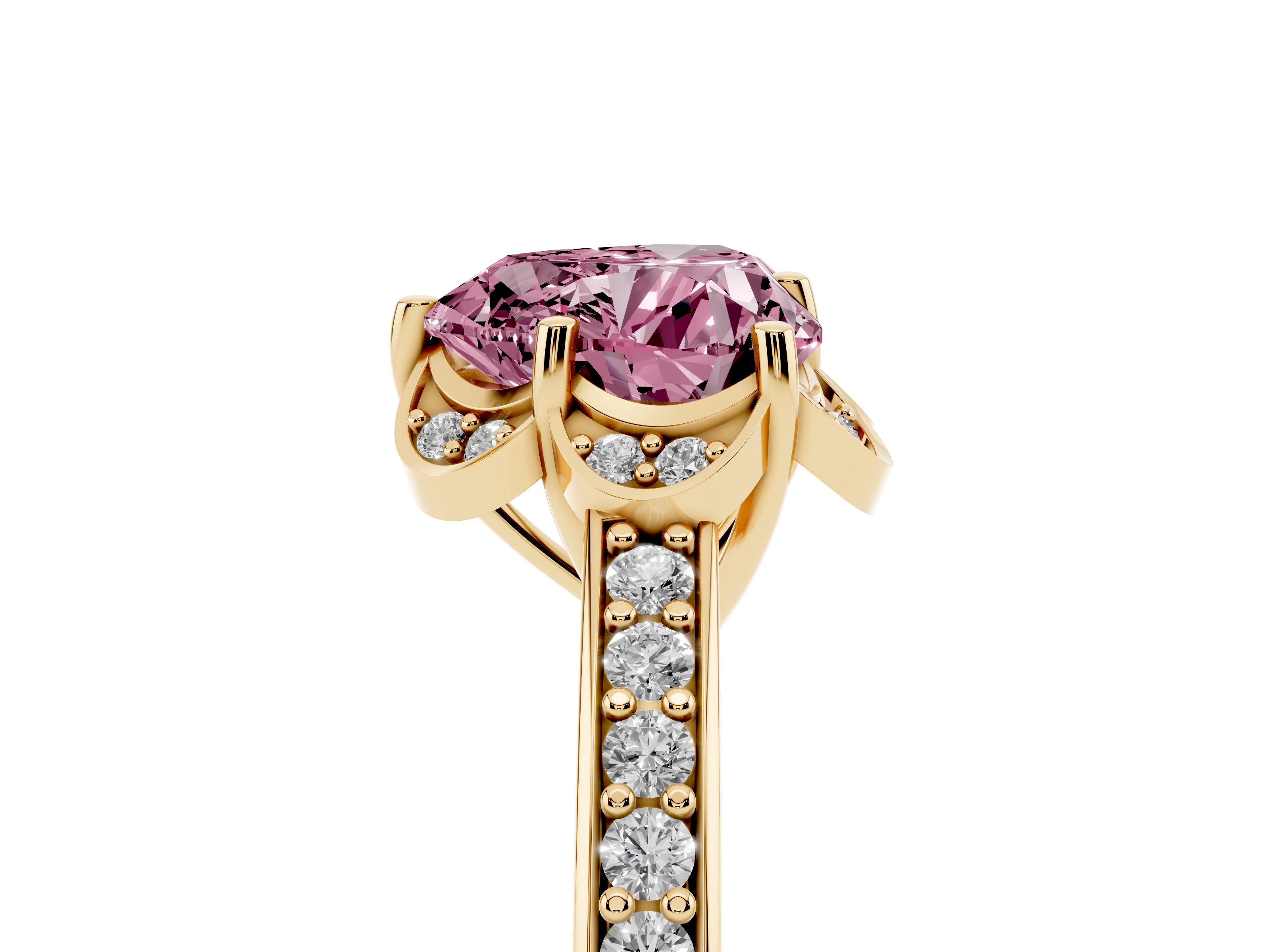 Fancy Pink Heart Cut Diamond Halo Ring Set in Yellow gold with Channel Set Band and Prong Setting