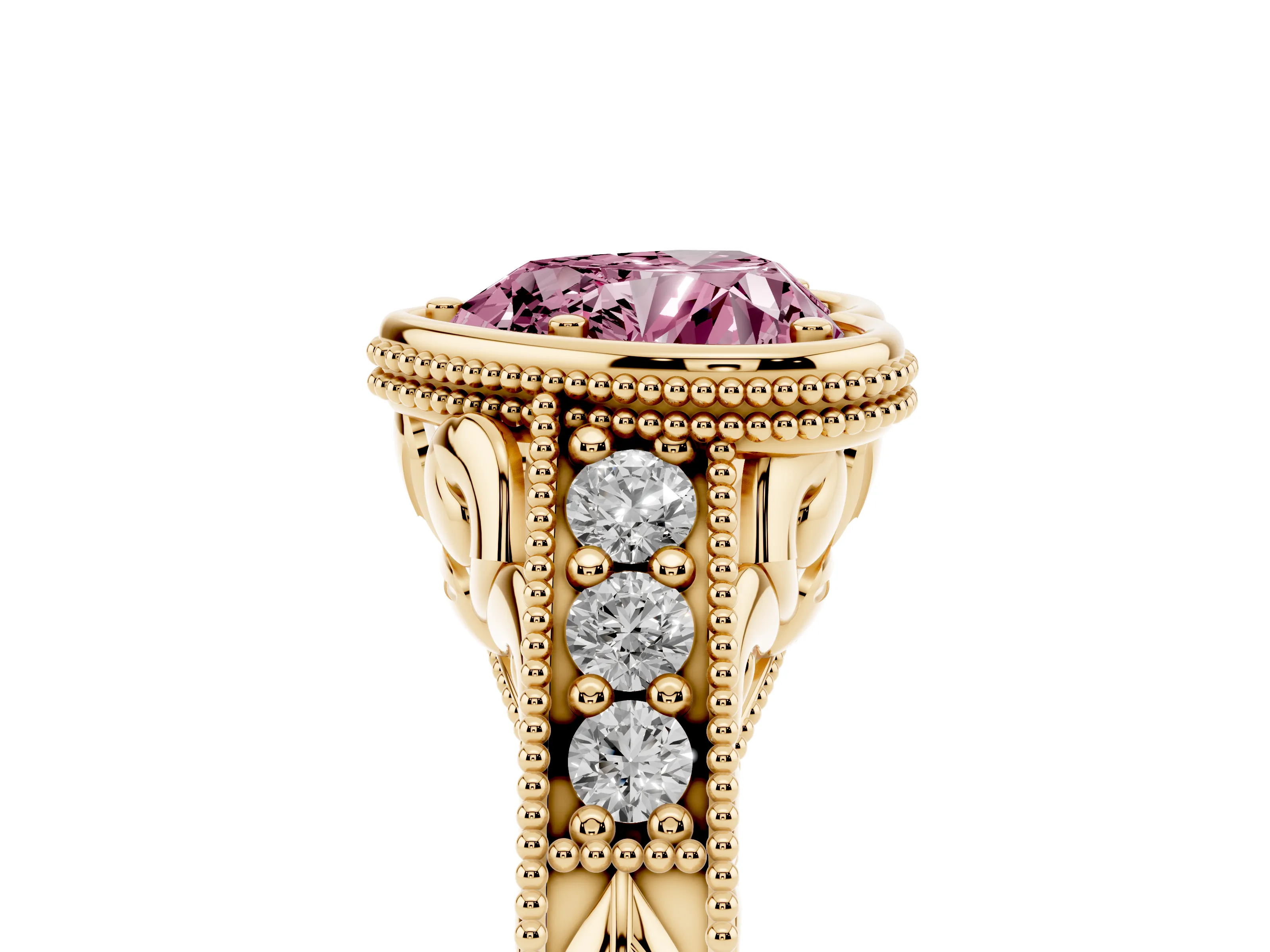 Fancy Pink Bezel Set Heart Cut Diamond Milgrain Pavé Engagement Ring Set in Yellow gold