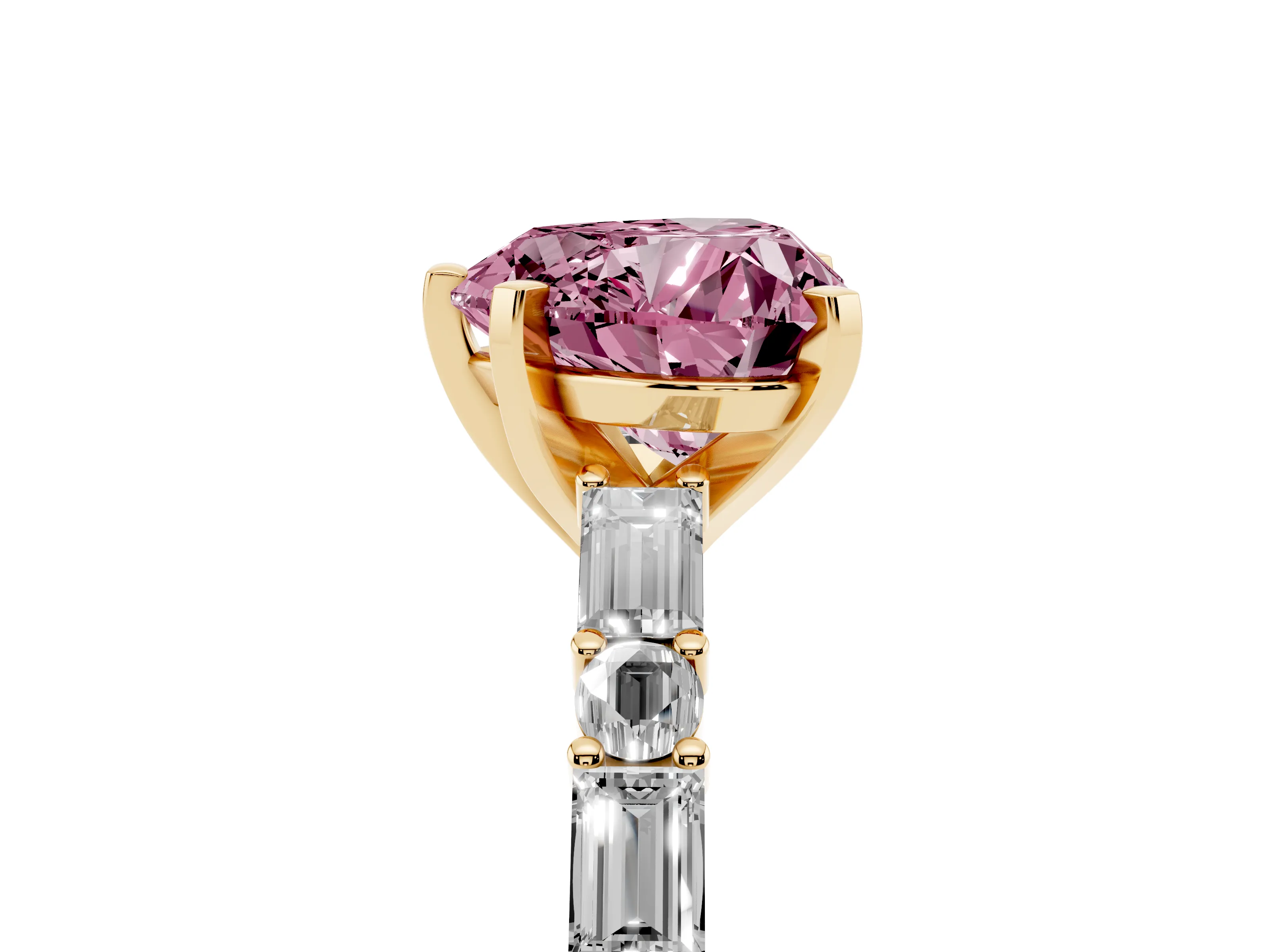 Fancy Pink Heart Cut Diamond Solitaire Set in Yellow gold with Side Baguettes and Channel Set Band