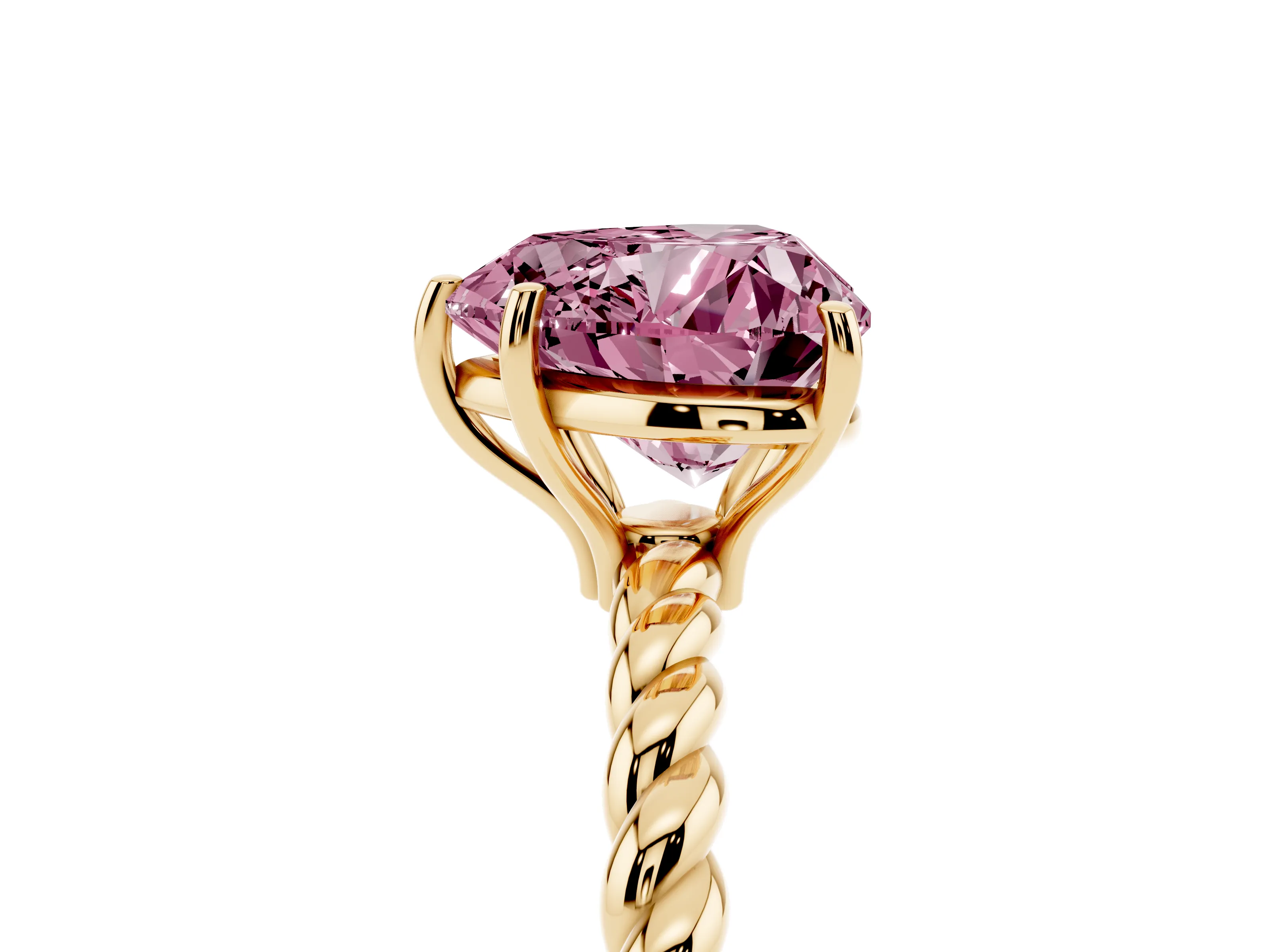 Fancy Pink Heart Cut Diamond Solitaire Ring Set in Yellow gold with Twist Band and Prong Setting