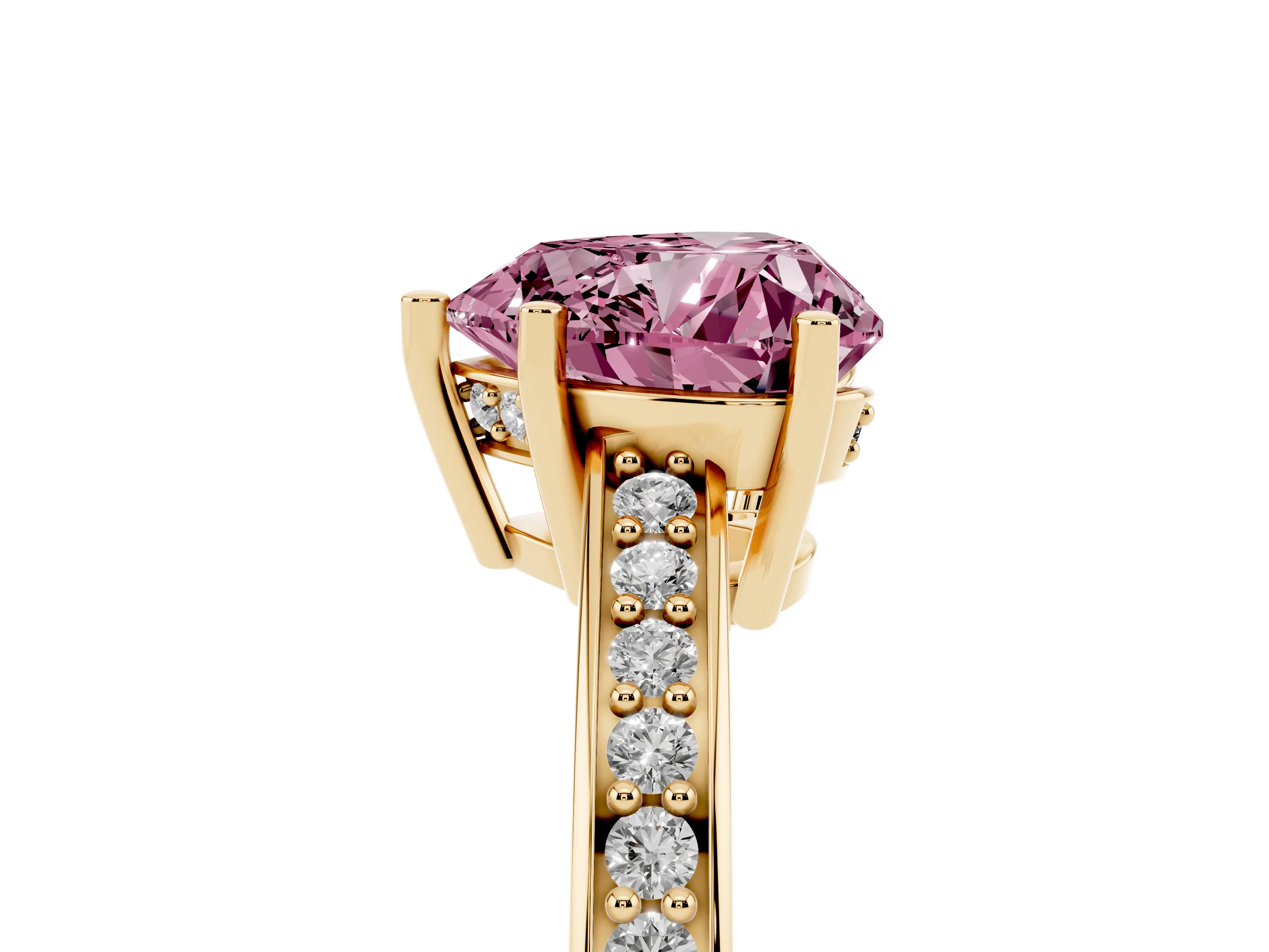 Fancy Pink Heart Cut Diamond Pavé Band Prong Set Solitaire Ring Set in Yellow gold