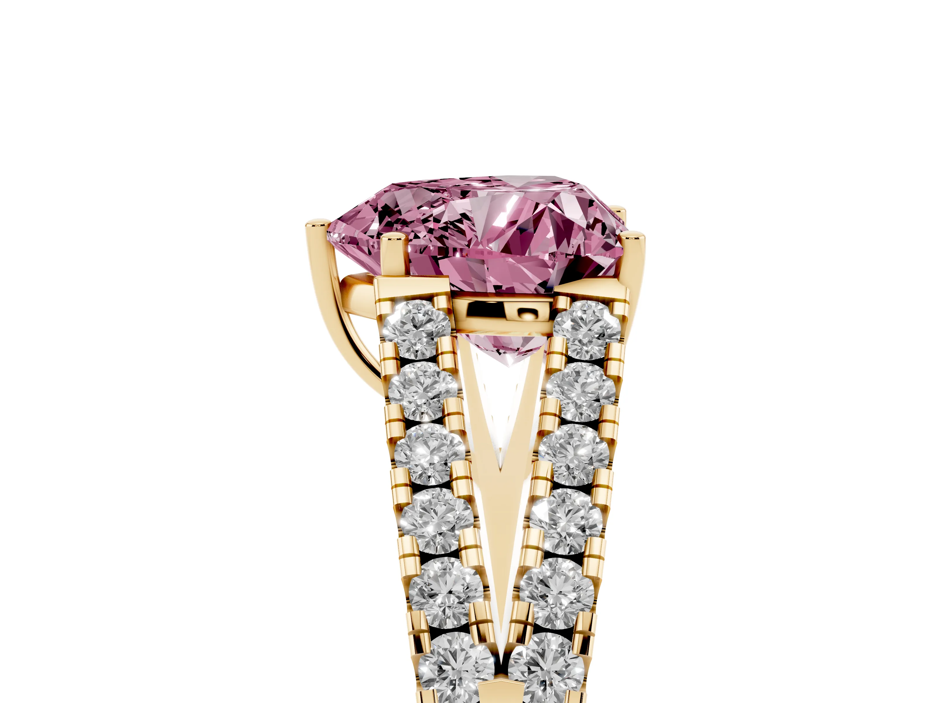 Fancy Pink Heart Cut Diamond Split Shank Pavé Engagement Ring Set in Yellow gold with Prong-Held Center Stone