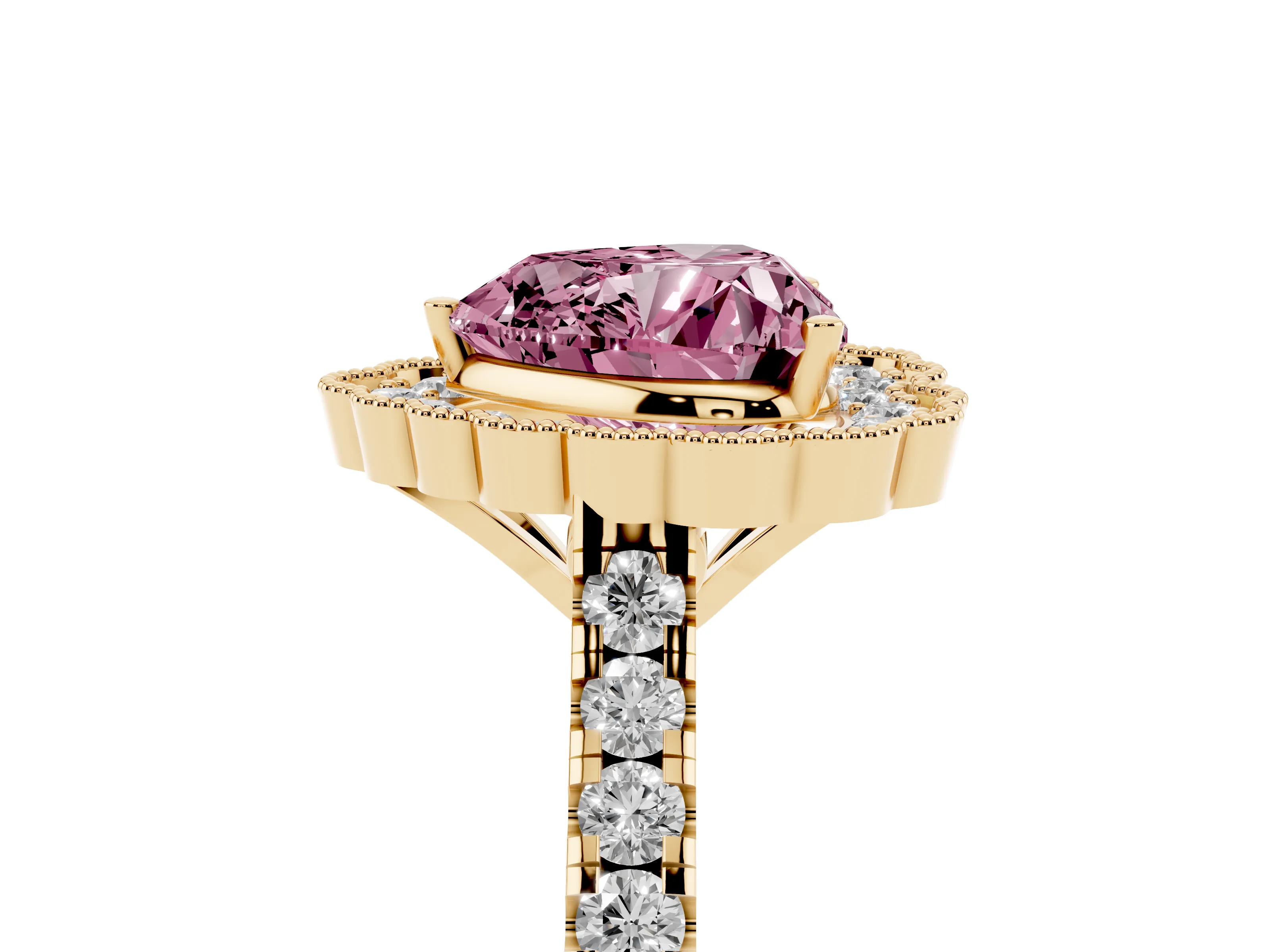 Fancy Pink Heart Cut Diamond Milgrain Floral Halo Engagement Ring Set in Yellow gold with Pavé Band