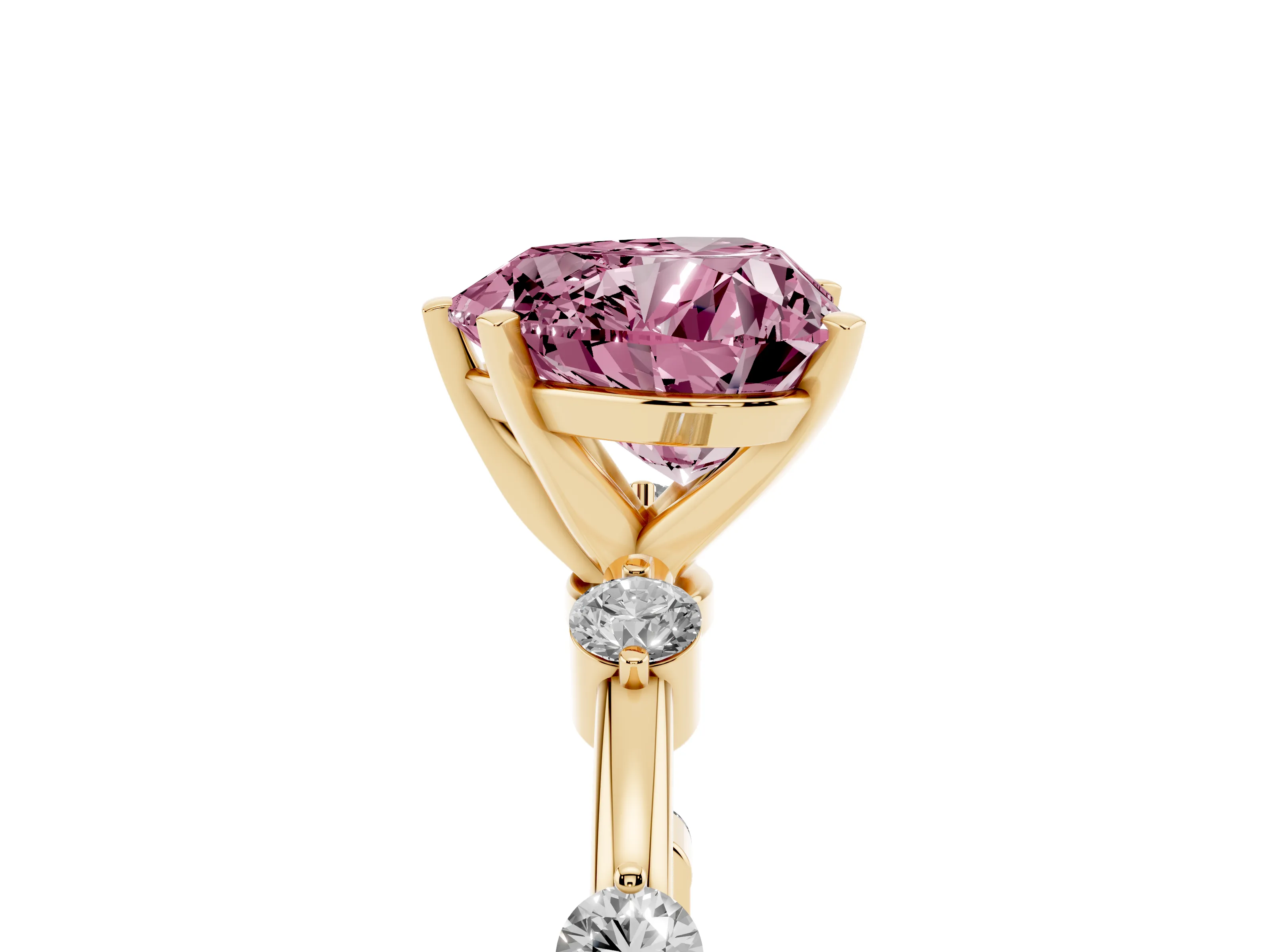 Fancy Pink Heart Cut Diamond Solitaire Ring Set in Yellow gold with Bezel Set Side Stones and Prong Setting