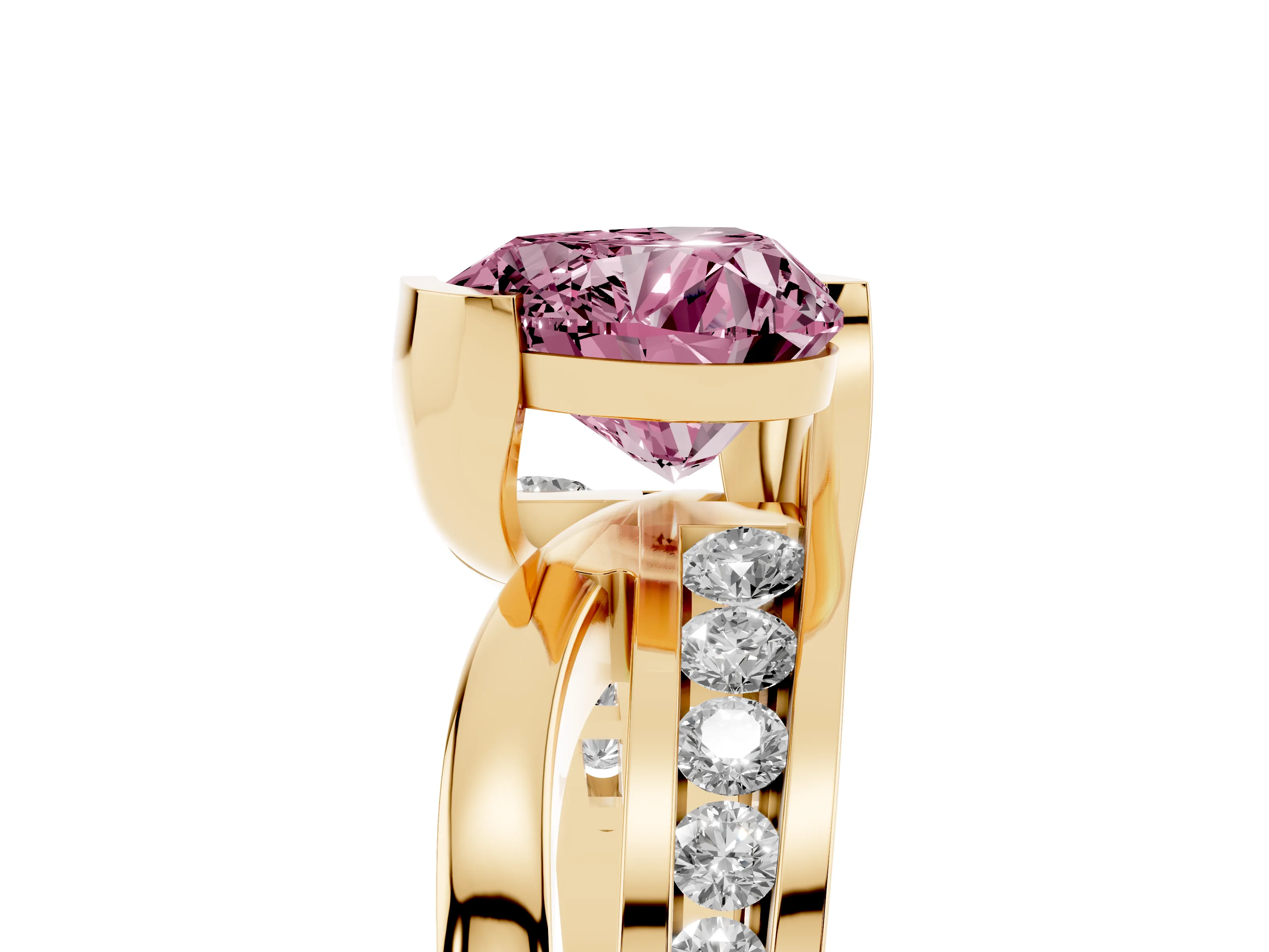 Fancy Pink Heart Cut Diamond Solitaire Ring Set in Yellow gold with Channel Set Split Shank and Tension Prongs