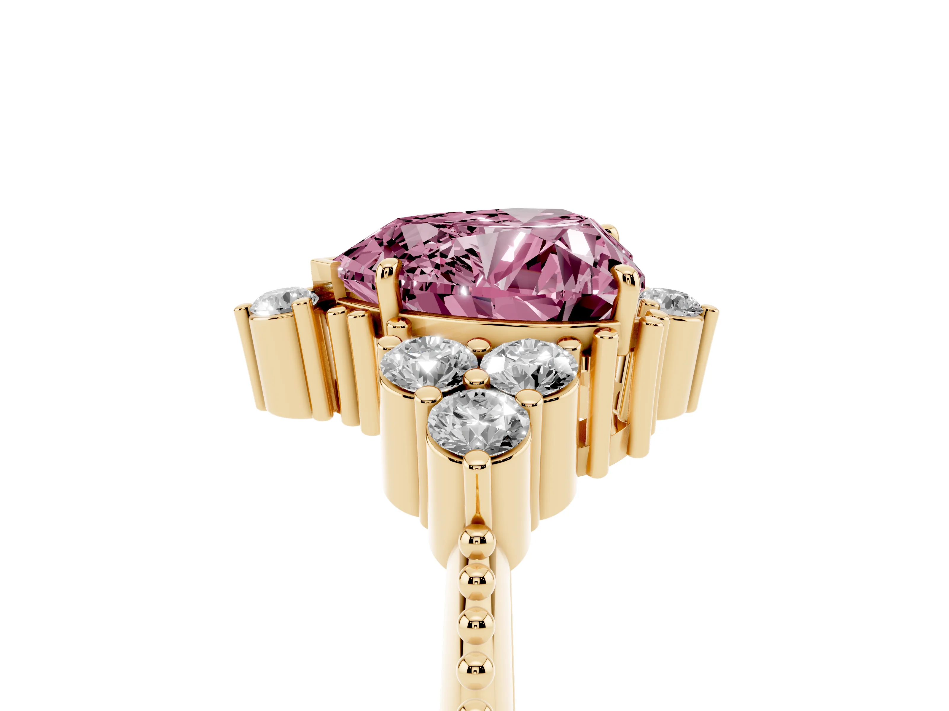 Fancy Pink Heart Cut Diamond Cluster Ring Set in Yellow gold with Beaded Band