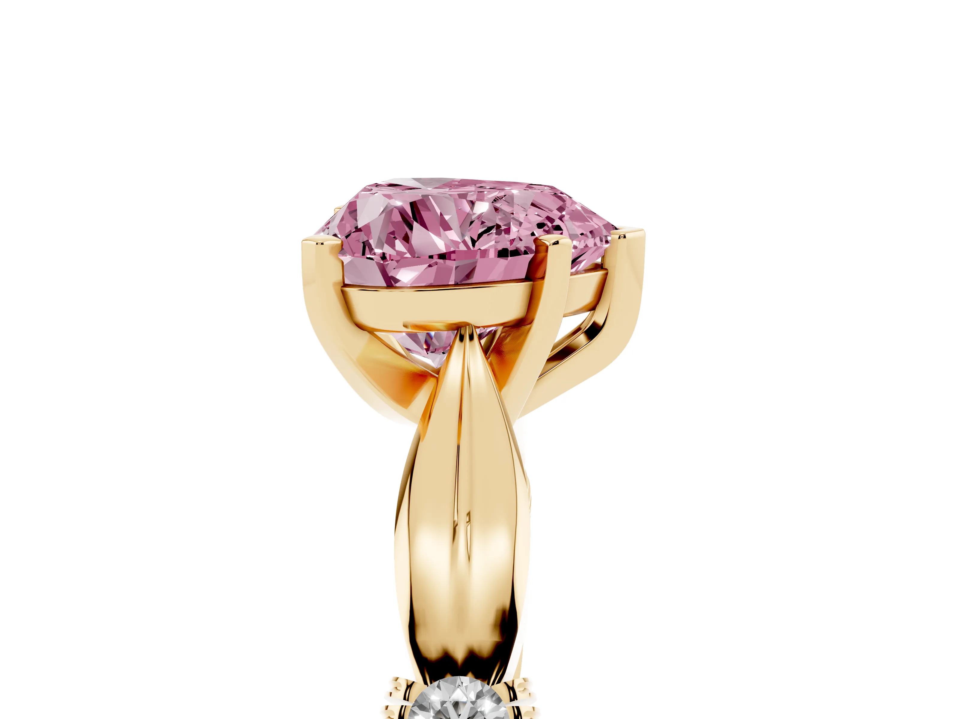 Fancy Pink Heart Cut Diamond Solitaire Twisted Band Ring Set in Yellow gold with Accent Stones and Prong Setting