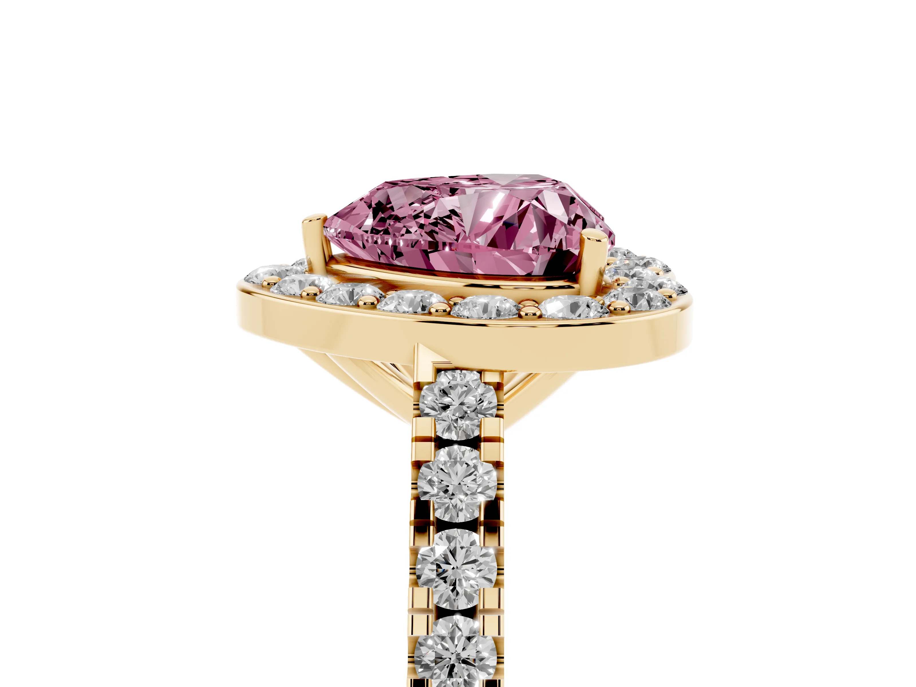 Fancy Pink Heart Cut Diamond Halo Ring Set in Yellow gold with Round Pavé Split Shank and Prong Setting
