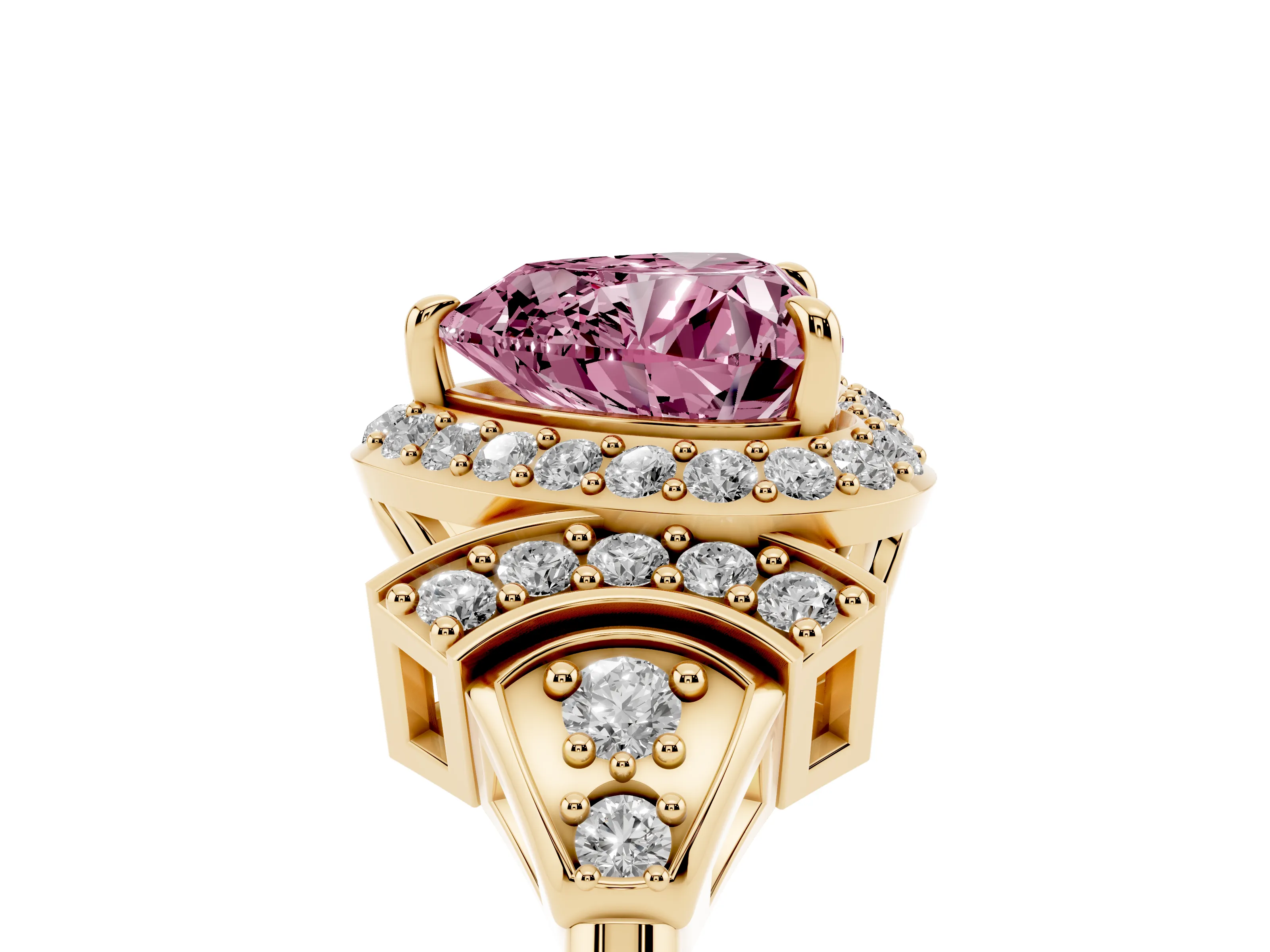 Fancy Pink Heart Cut Diamond Halo Engagement Ring Set in Yellow gold with Accent Stone Split Shank