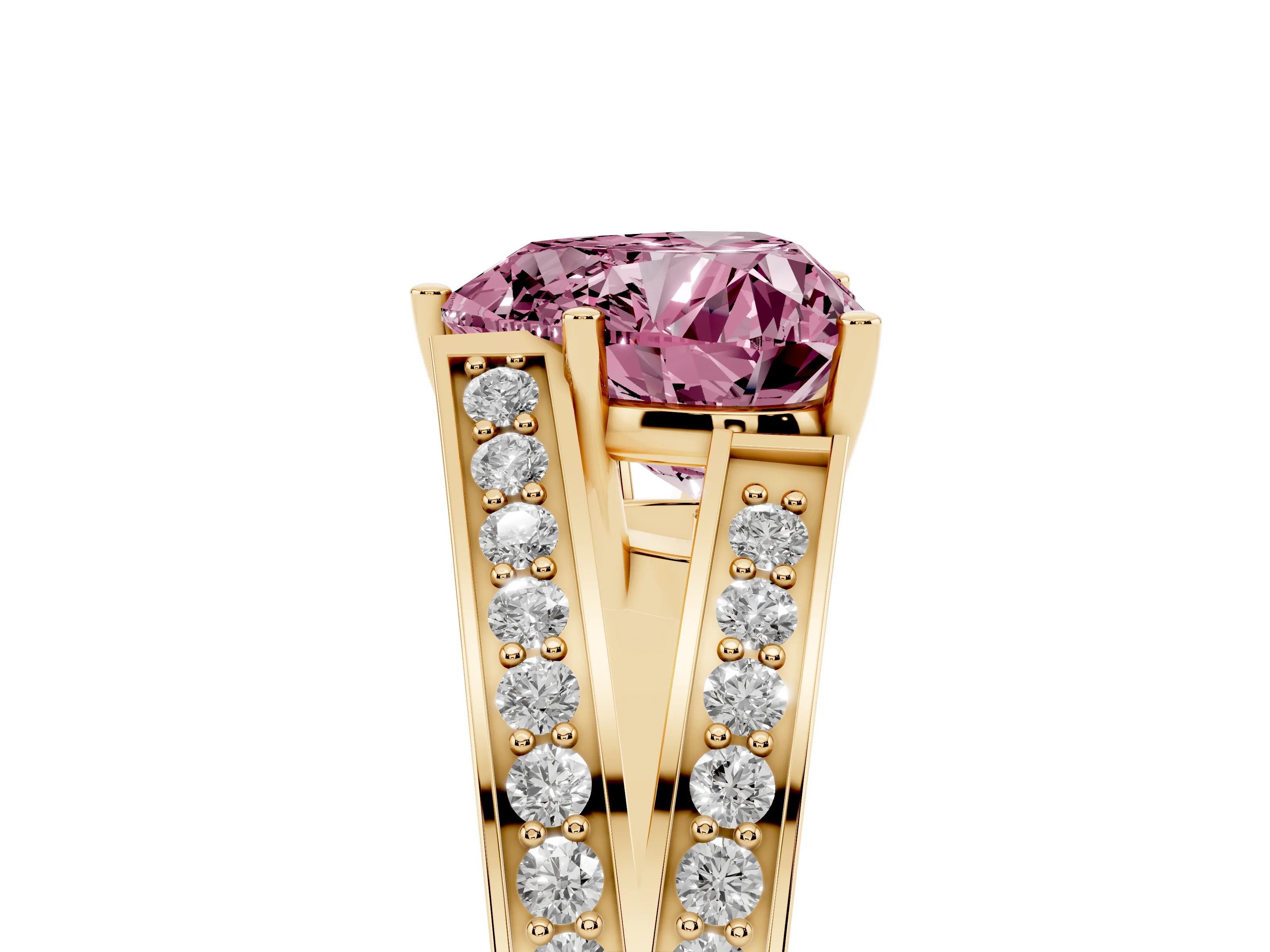 Fancy Pink Heart Cut Diamond Split Shank Ring Set in Yellow gold with Pavé Band and Prong Setting