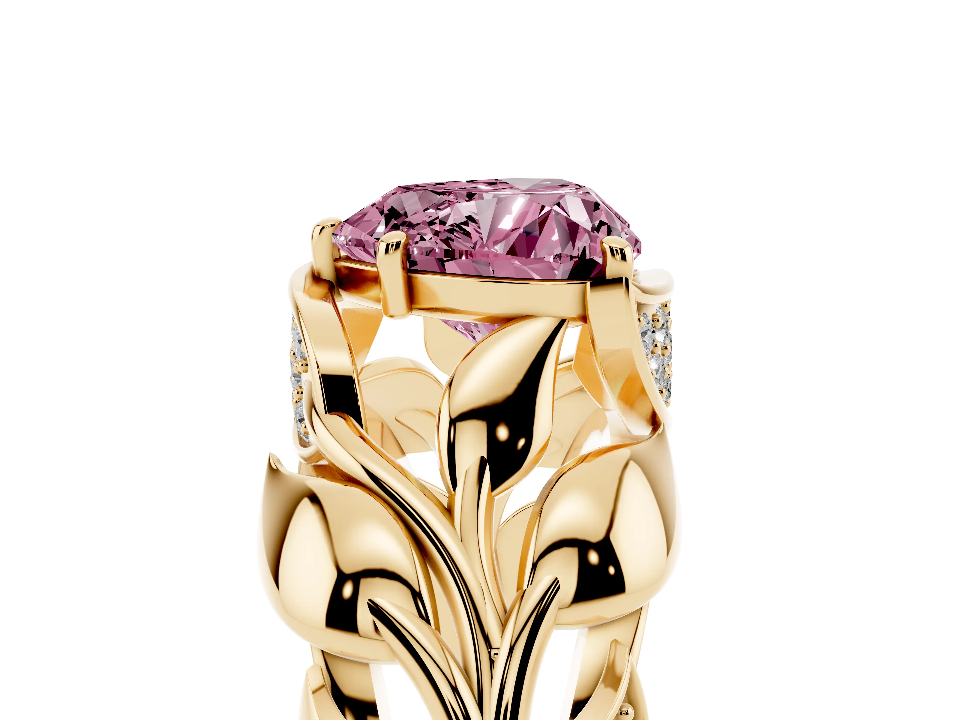 Fancy Pink Heart Cut Diamond Leaf-Inspired Engagement Ring Set in Yellow gold with Round Accents