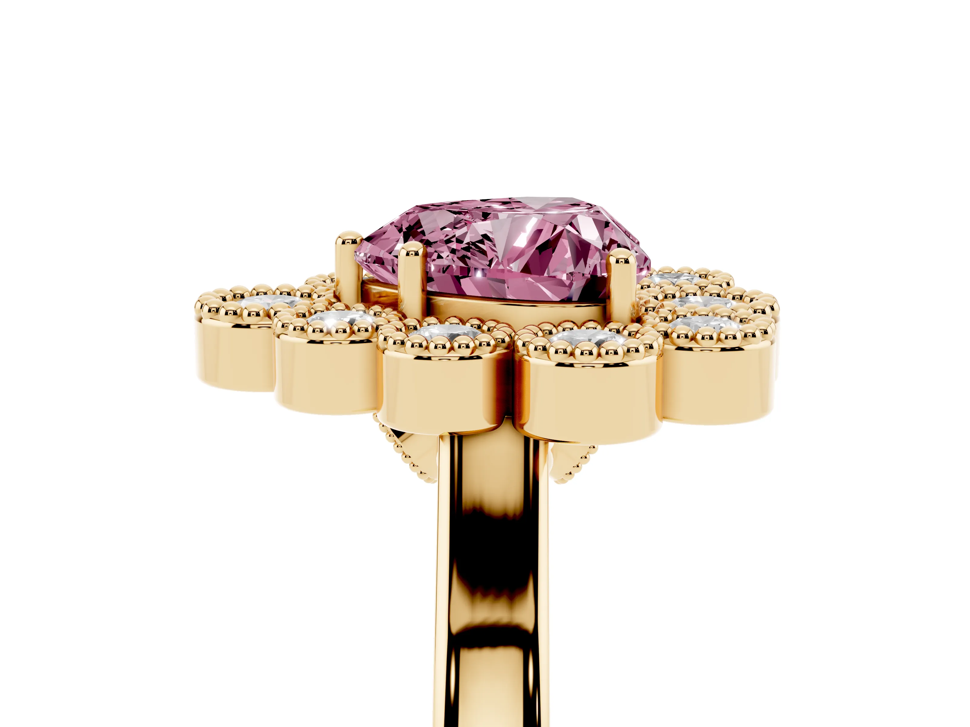 Fancy Pink Heart Cut Diamond Cluster Halo Ring Set in Yellow gold with Milgrain Bezel Accents and Plain Band