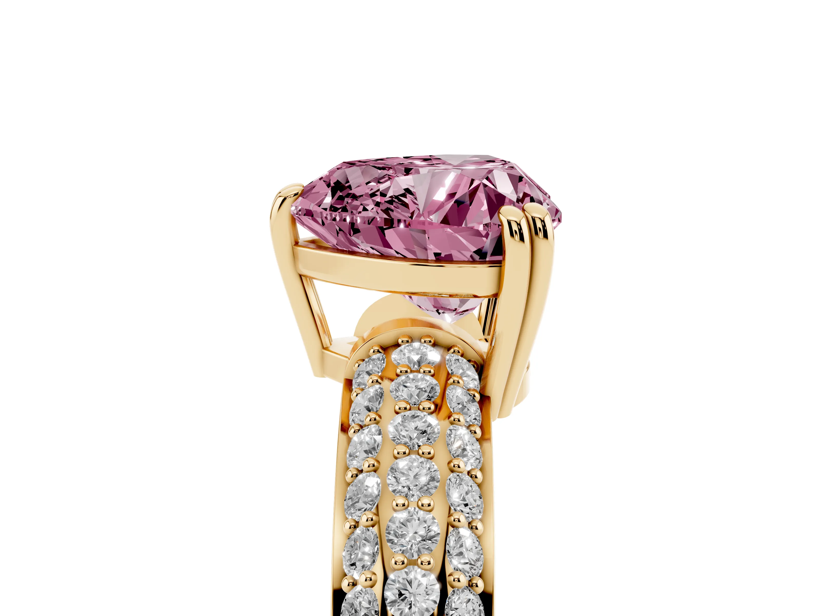 Fancy Pink Heart Cut Diamond Solitaire Ring Set in Yellow gold with Multi-Row Round Pavé Band and Prong Setting
