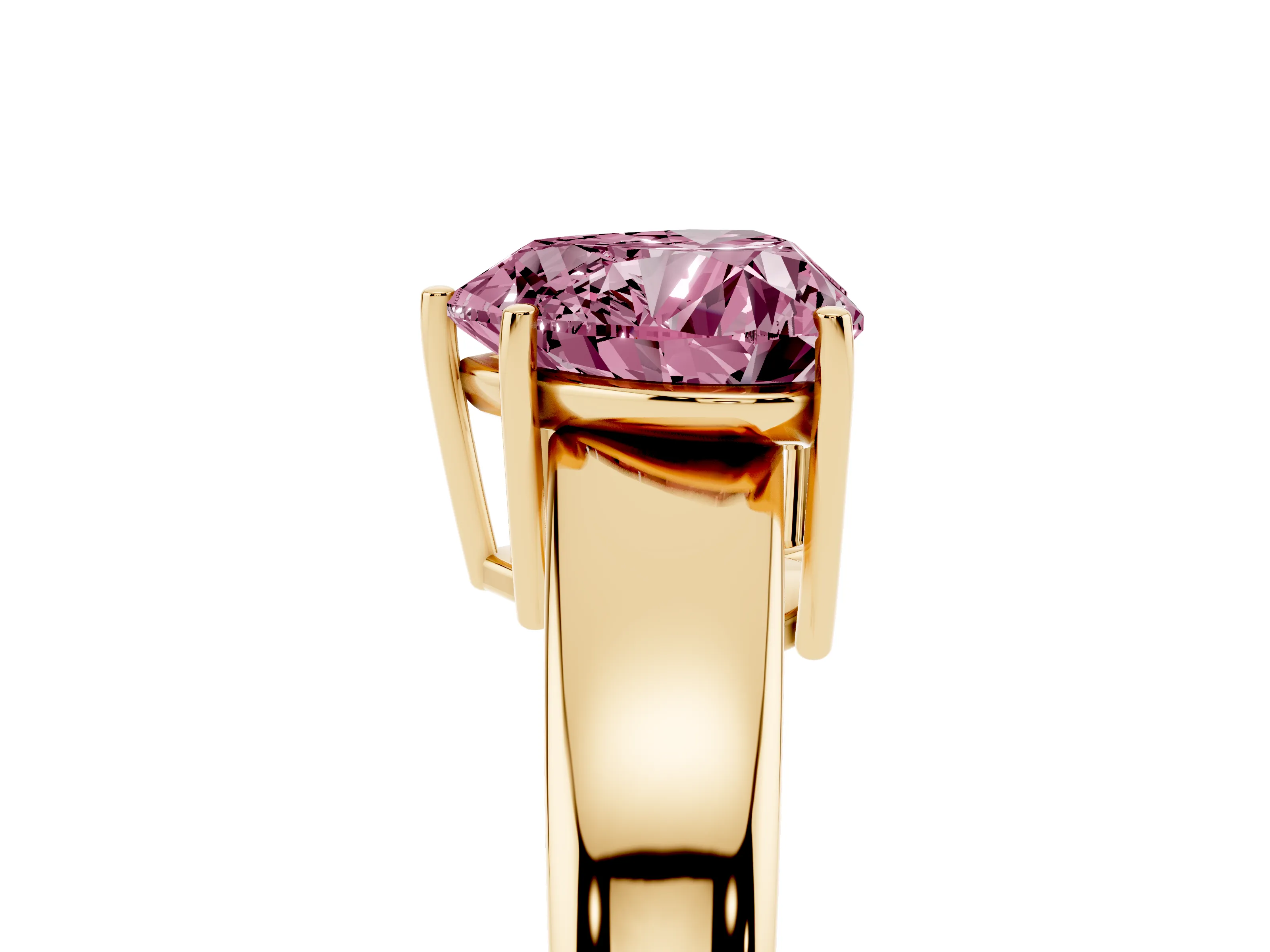 Fancy Pink Heart Cut Diamond Solitaire Ring Set in Yellow gold with Tapered Band and Prong Setting