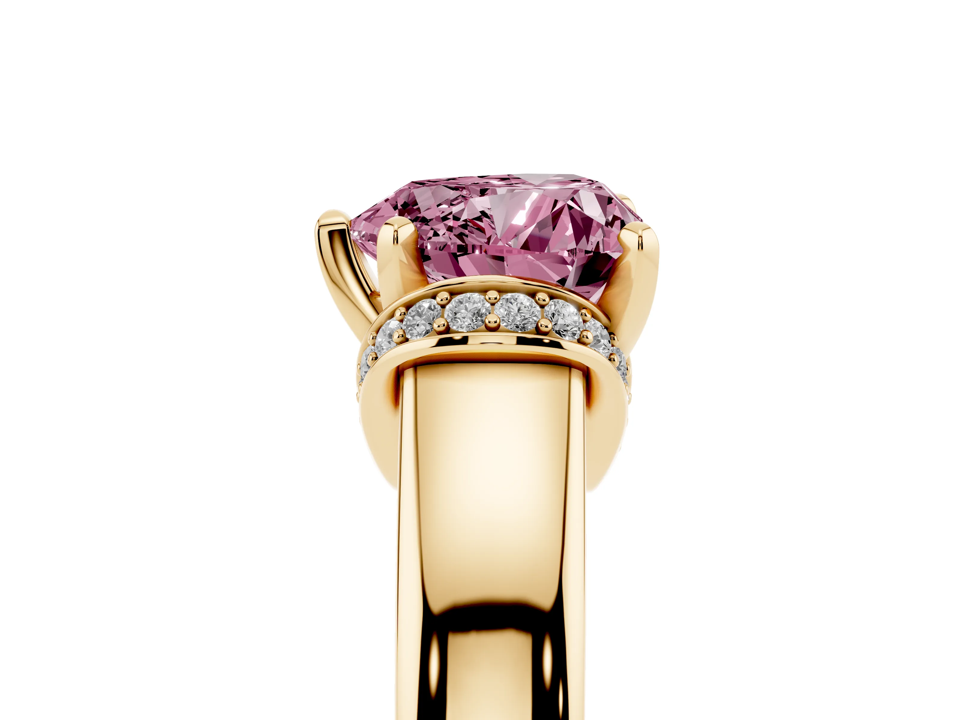 Fancy Pink Heart Cut Diamond Pavé Band Solitaire Ring Set in Yellow gold with Prong Setting