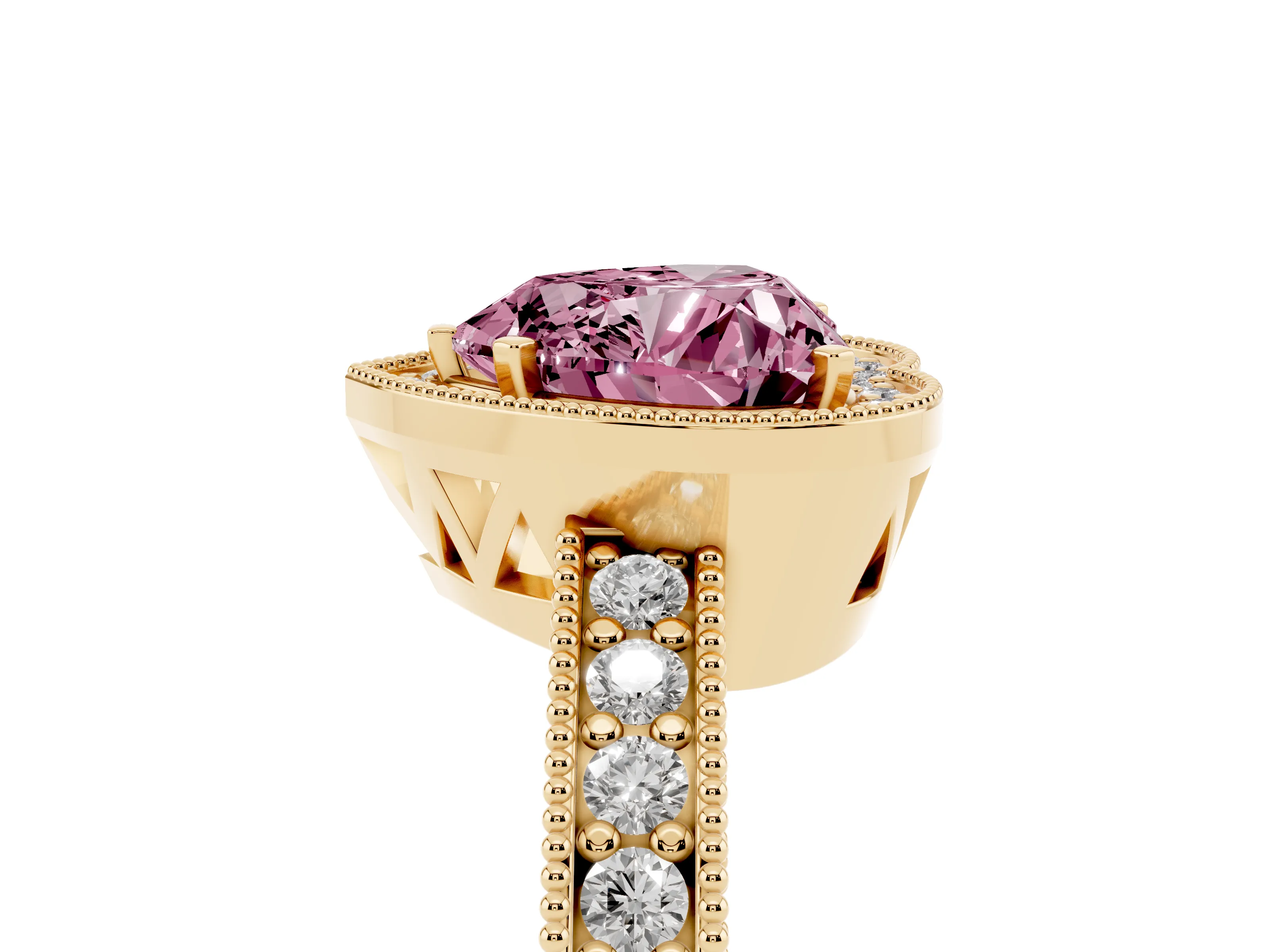 Fancy Pink Heart Cut Diamond Halo Pavé Band Ring Set in Yellow gold with Prong-Set Center