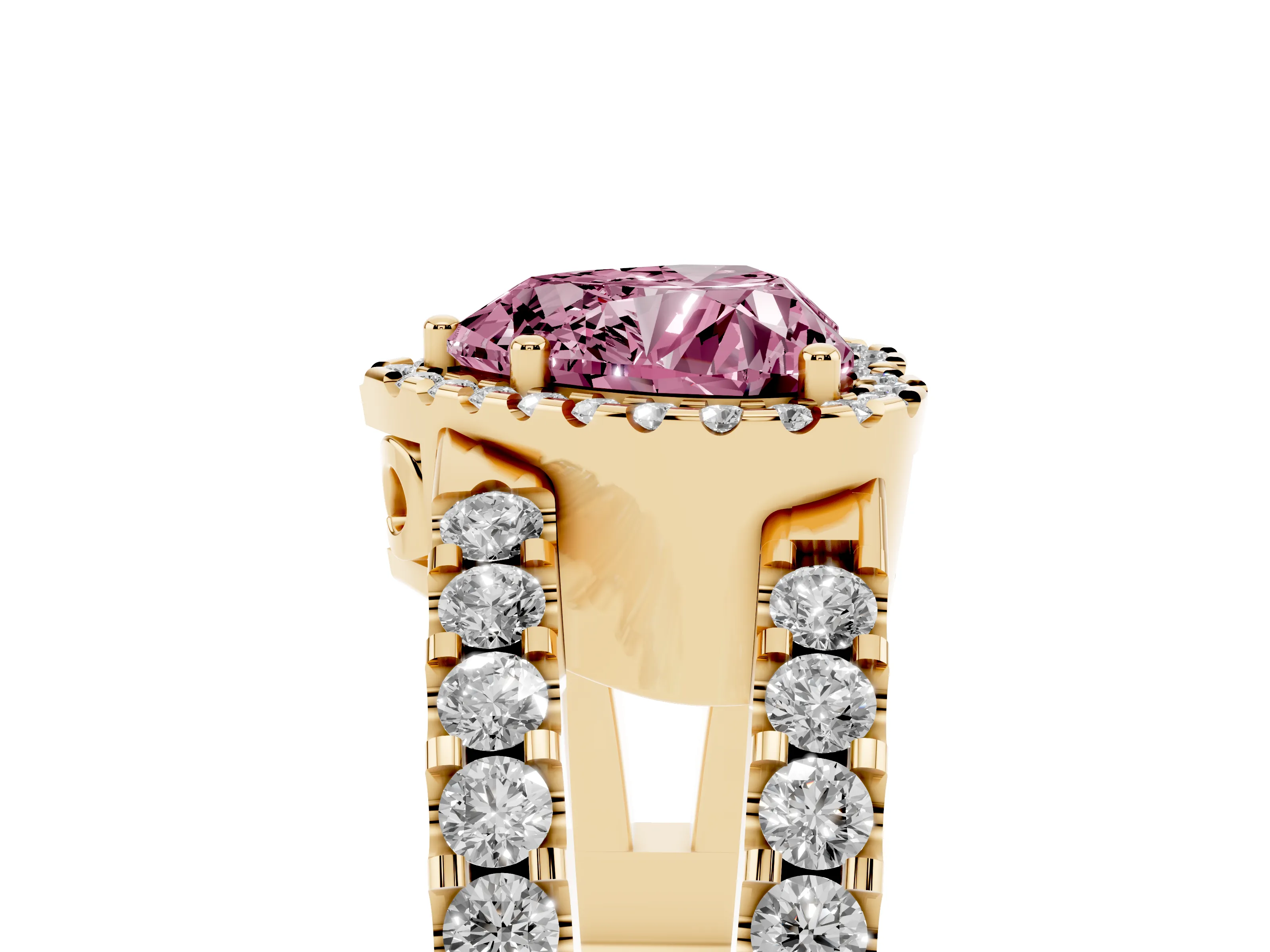 Fancy Pink Heart Cut Diamond Halo Ring Set in Yellow gold with Pavé Split Shank and Prong Setting
