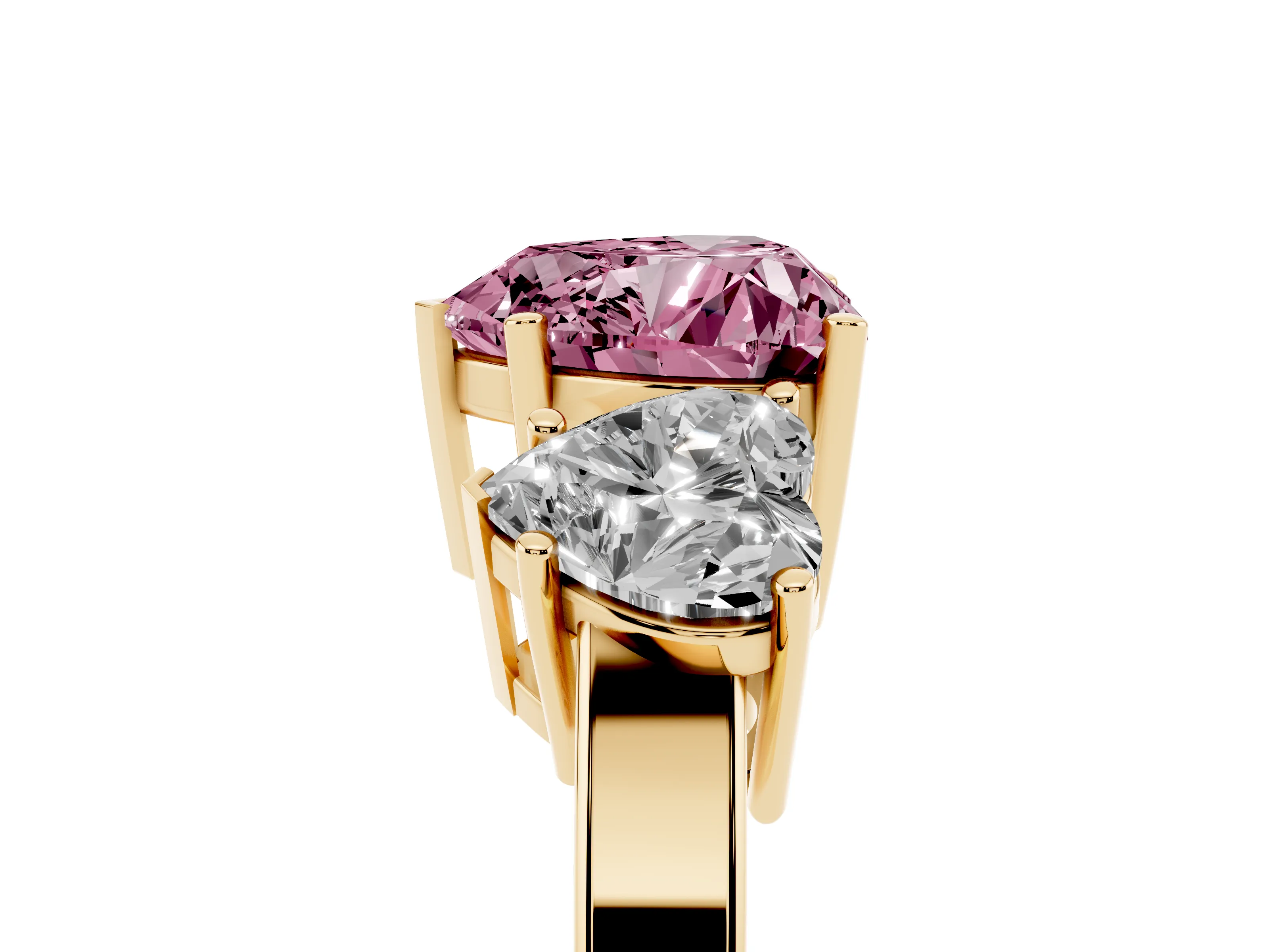 Fancy Pink Heart Cut Diamond Three-Stone Engagement Ring Set in Yellow gold with Flat Band