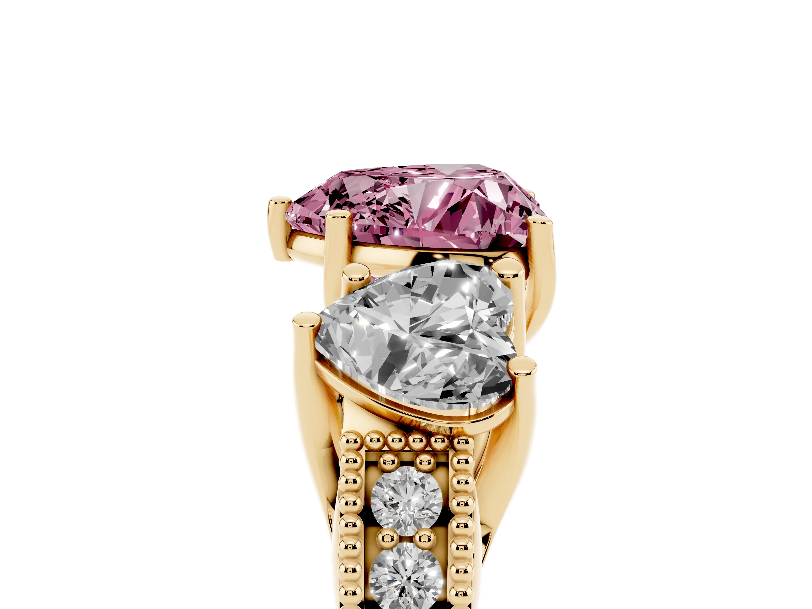 Fancy Pink Heart Cut Diamond Three-Stone Engagement Ring Set in Yellow gold with Milgrain Pavé Band