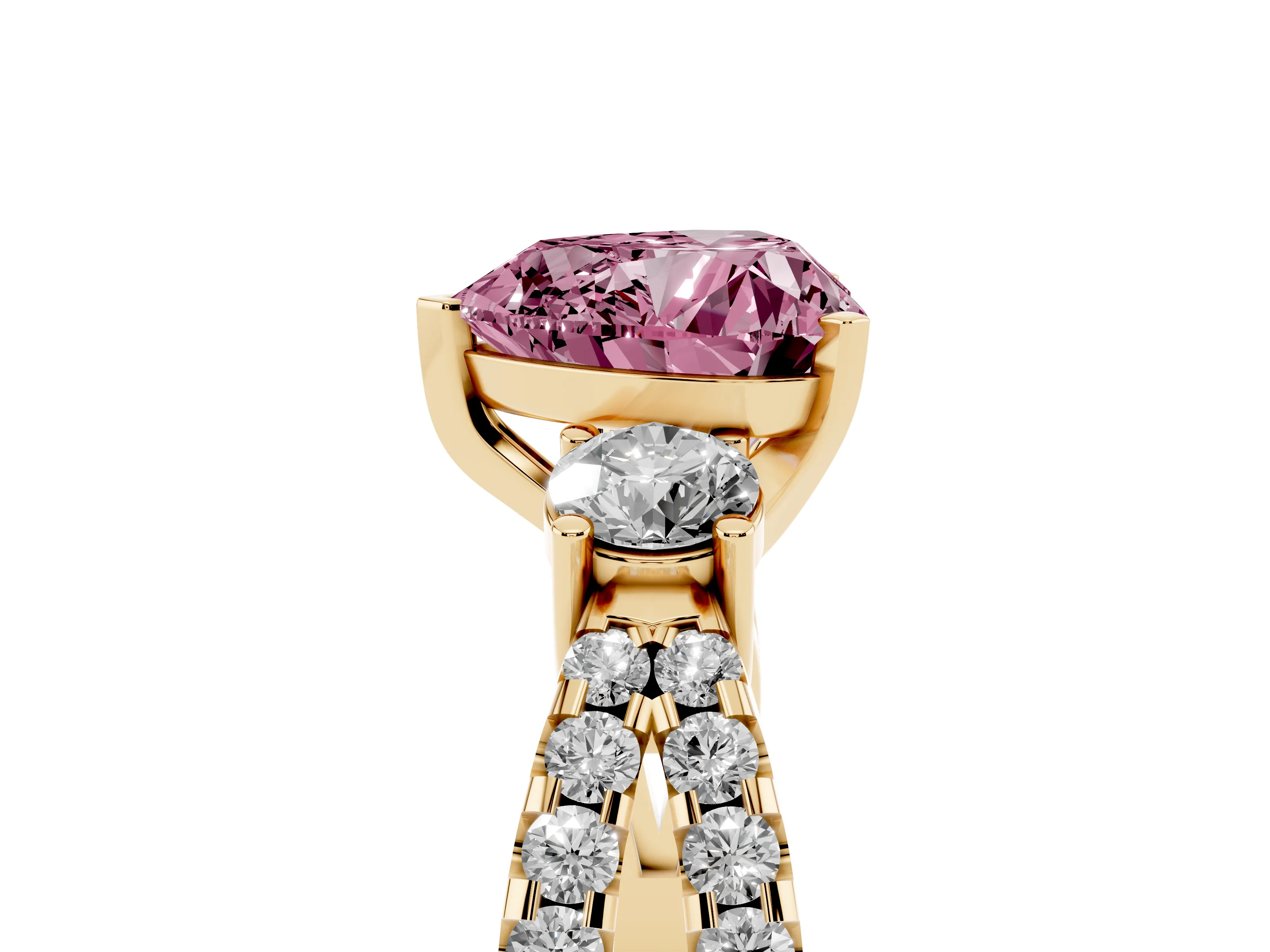 Fancy Pink Heart Cut Diamond Three-Stone Ring Set in Yellow gold with Pavé Split Shank and Prong Setting