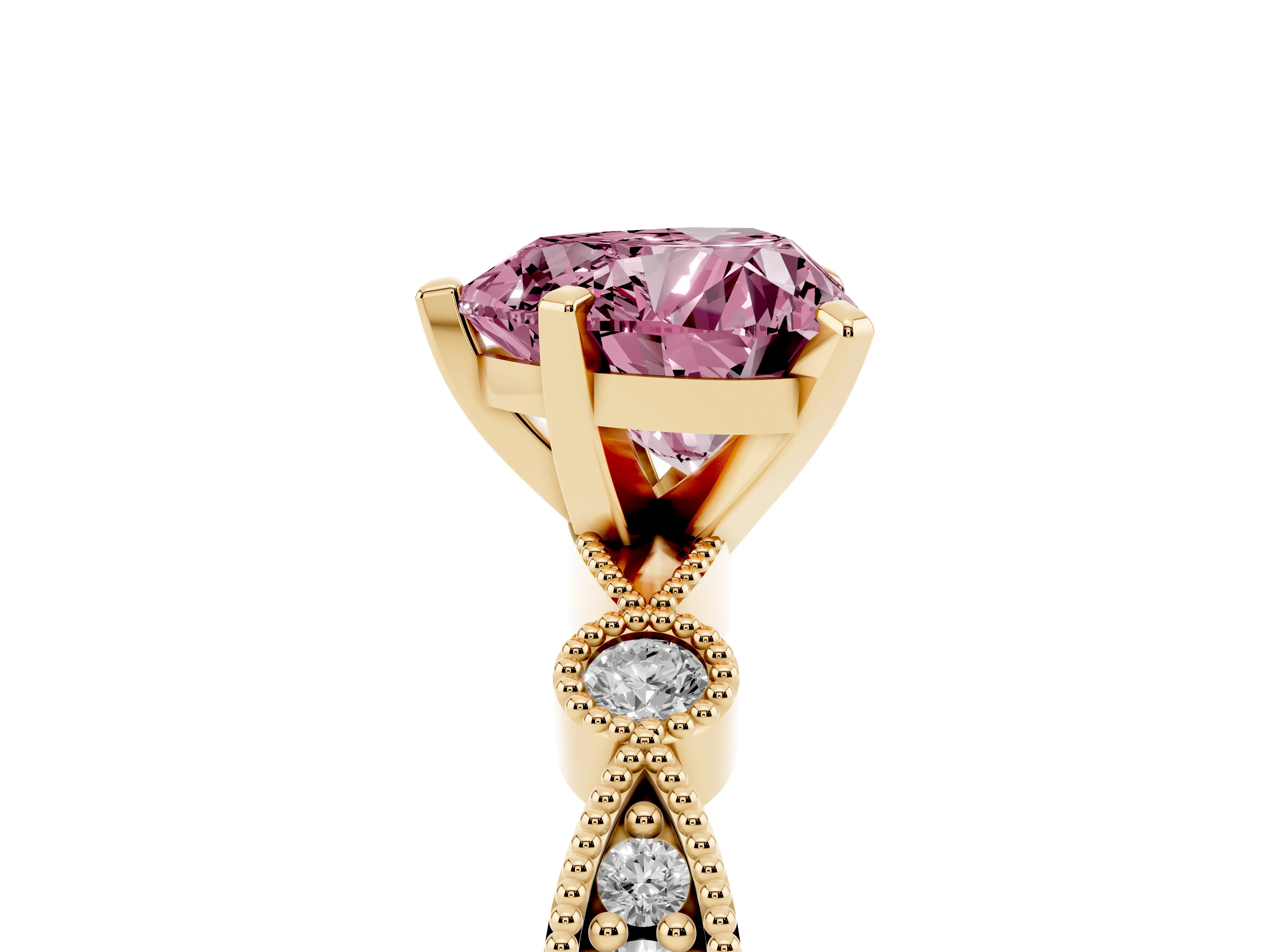 Fancy Pink Heart Cut Diamond Solitaire Engagement Ring Set in Yellow gold with Milgrain Bezel Accent Band