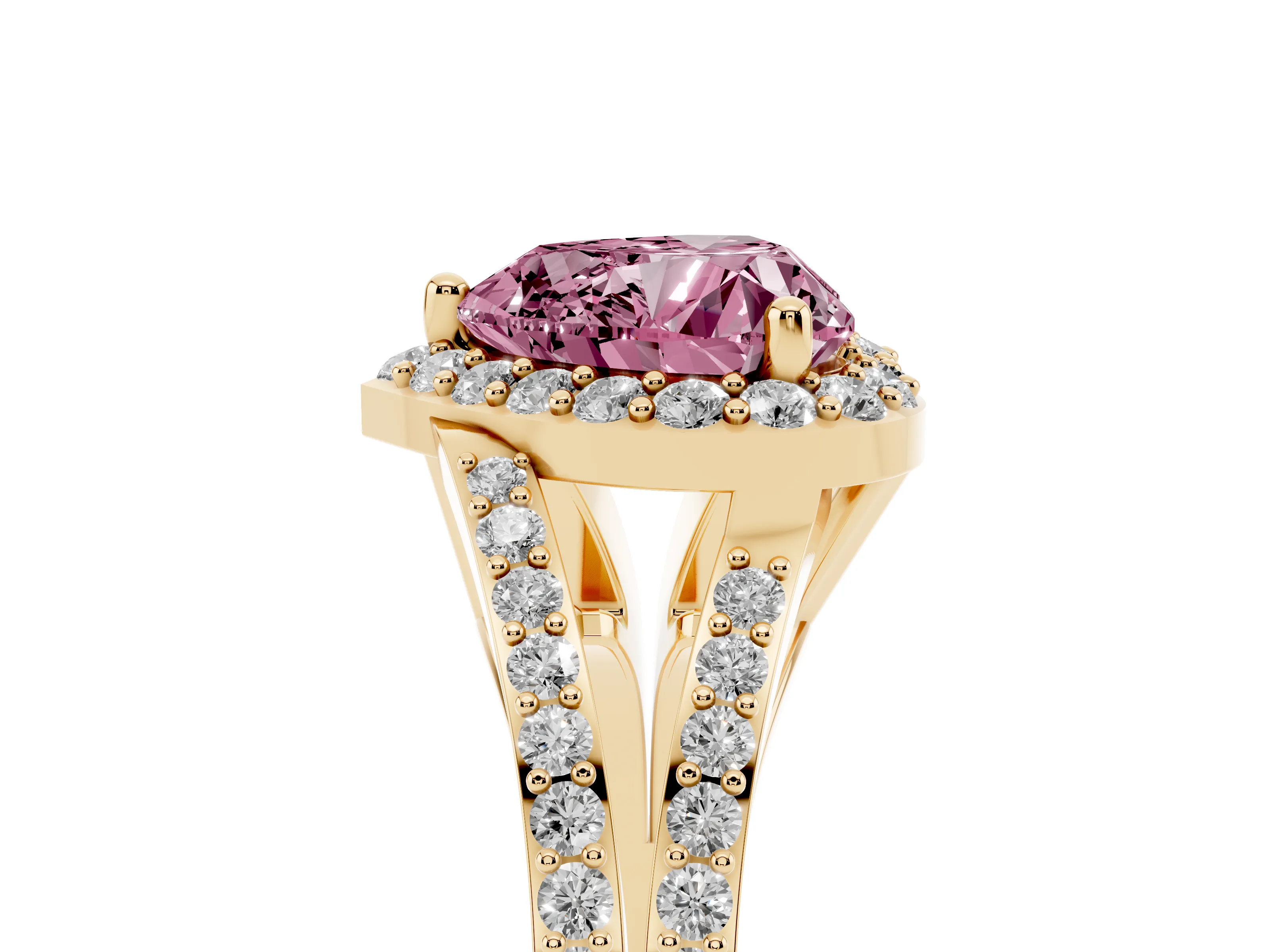 Fancy Pink Heart Cut Diamond Halo Split Shank Pavé Ring Set in Yellow gold with Prong Setting