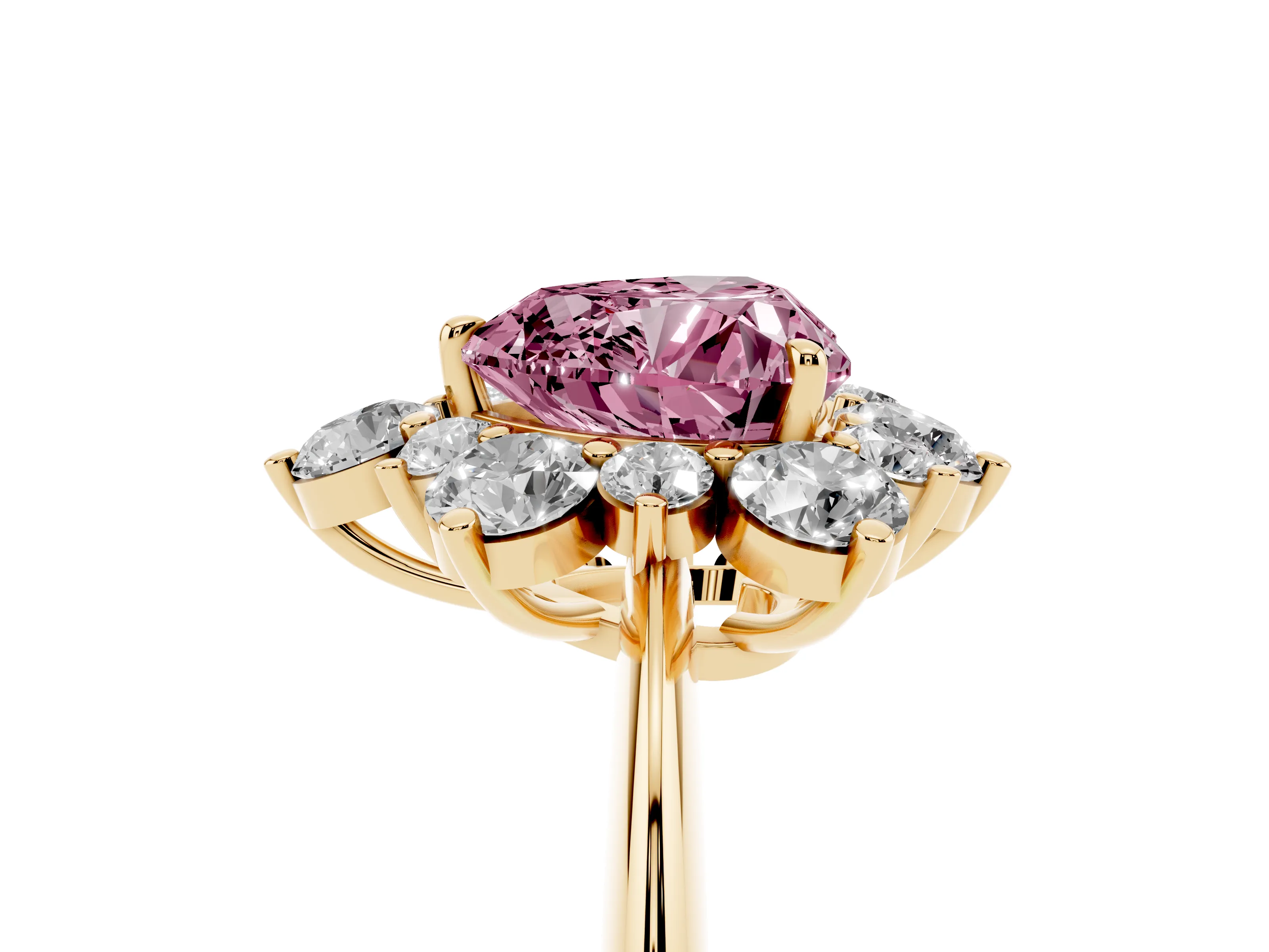 Fancy Pink Heart Cut Diamond Cluster Halo Ring Set in Yellow gold with Solitaire Band and Prong Setting