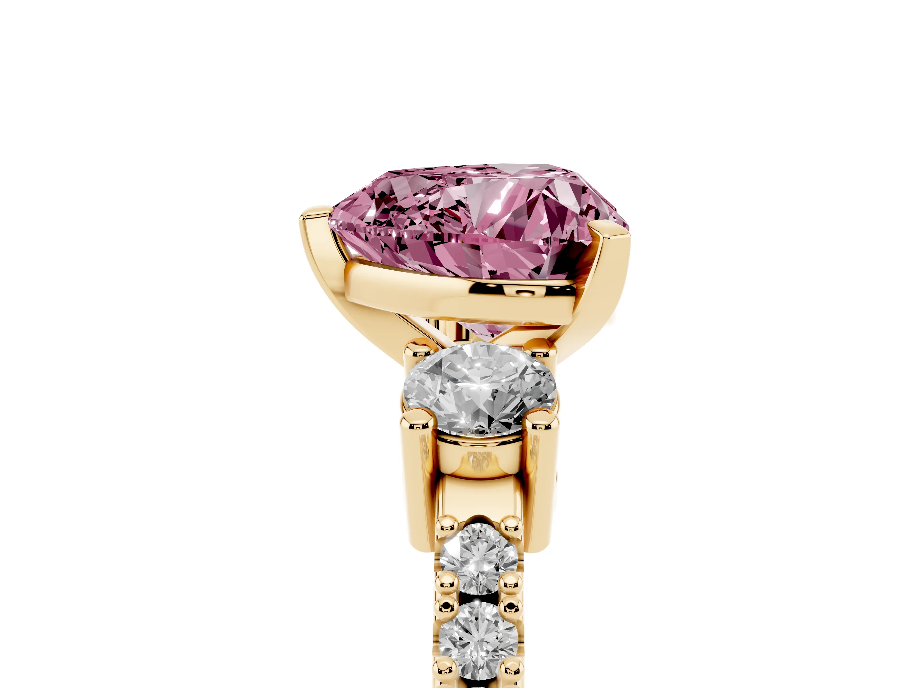 Fancy Pink Three-Stone Heart Cut Diamond Pavé Band Ring Set in Yellow gold with Prong Setting