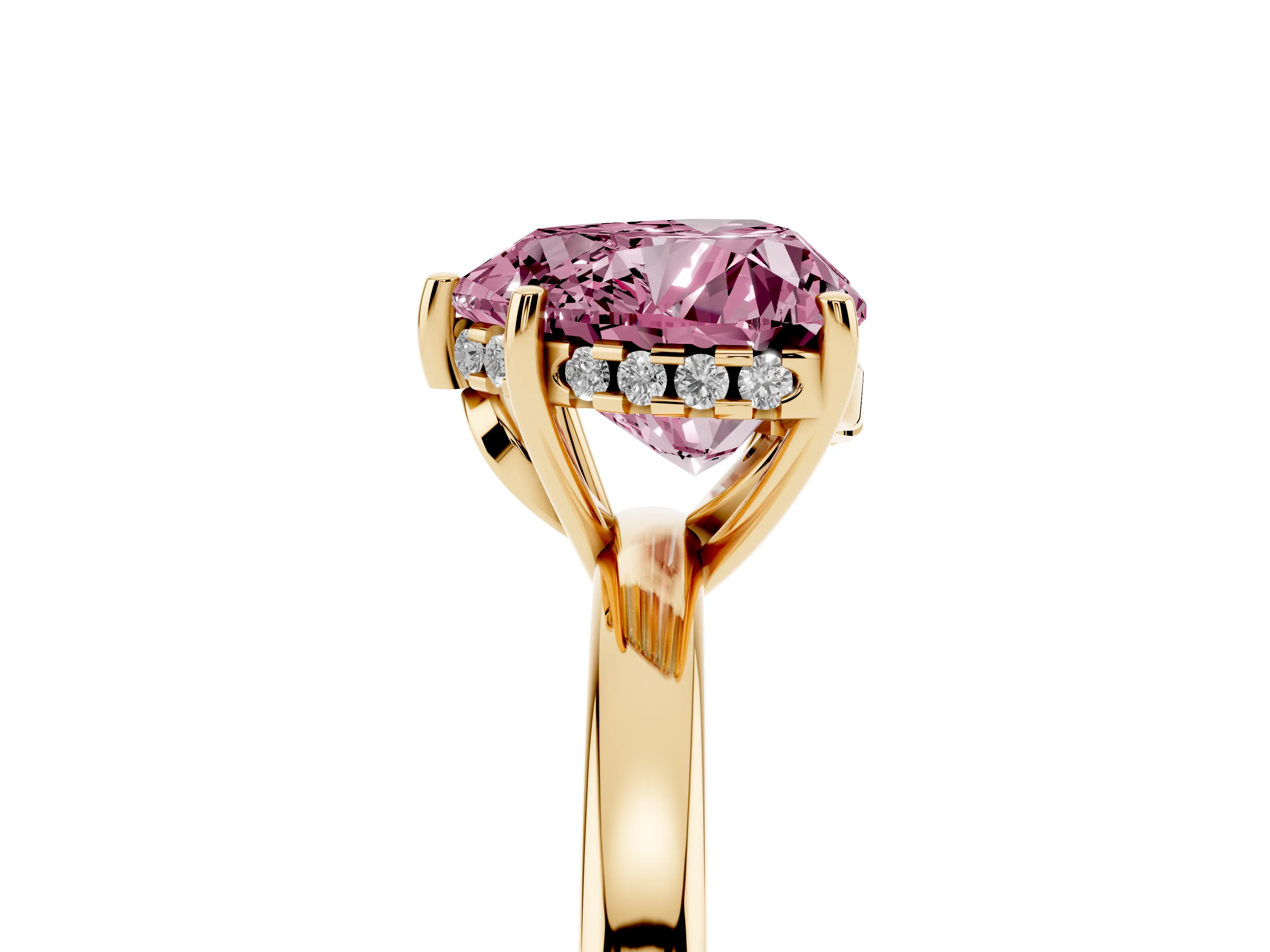 Fancy Pink Heart Cut Diamond Solitaire Ring Set in Yellow gold with Plain Band and Prong Setting