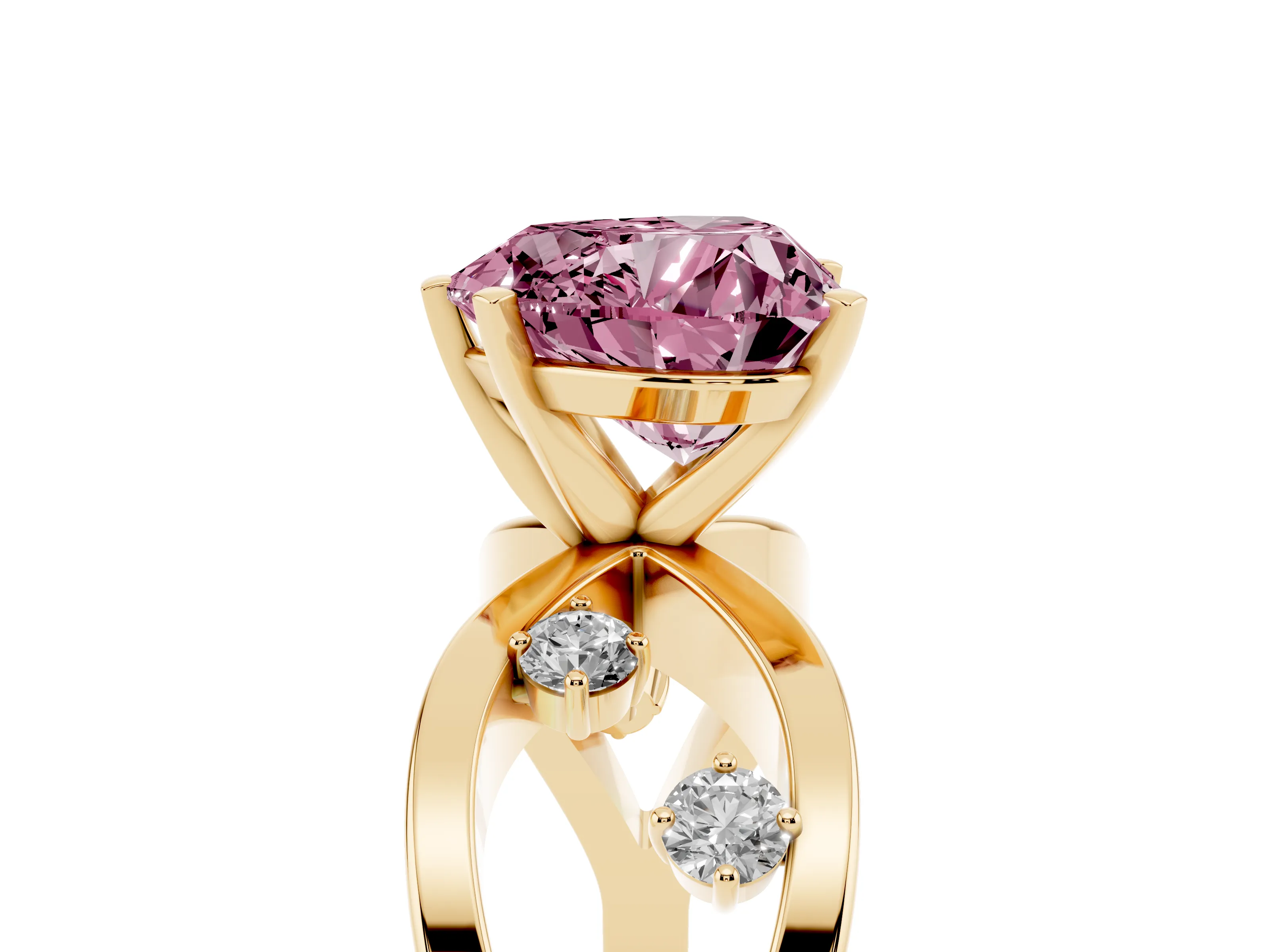 Fancy Pink Heart Cut Diamond Solitaire Ring Set in Yellow gold with Side Stones on Criss-Cross Band and Prong Setting