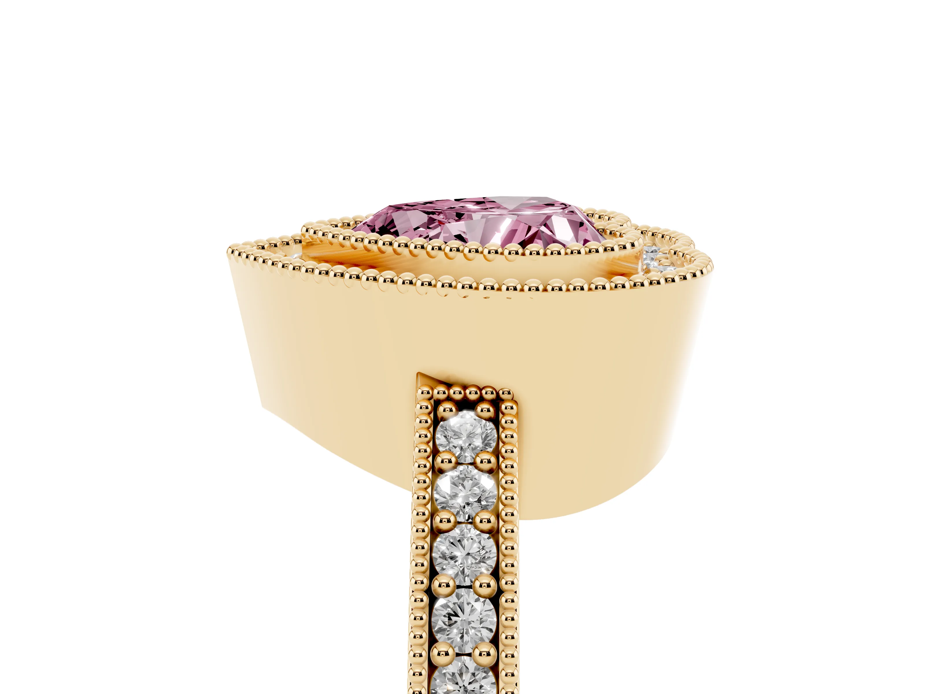 Fancy Pink Heart Cut Diamond Halo Engagement Ring Set in Yellow gold with Pavé Band and Round Halo Stones