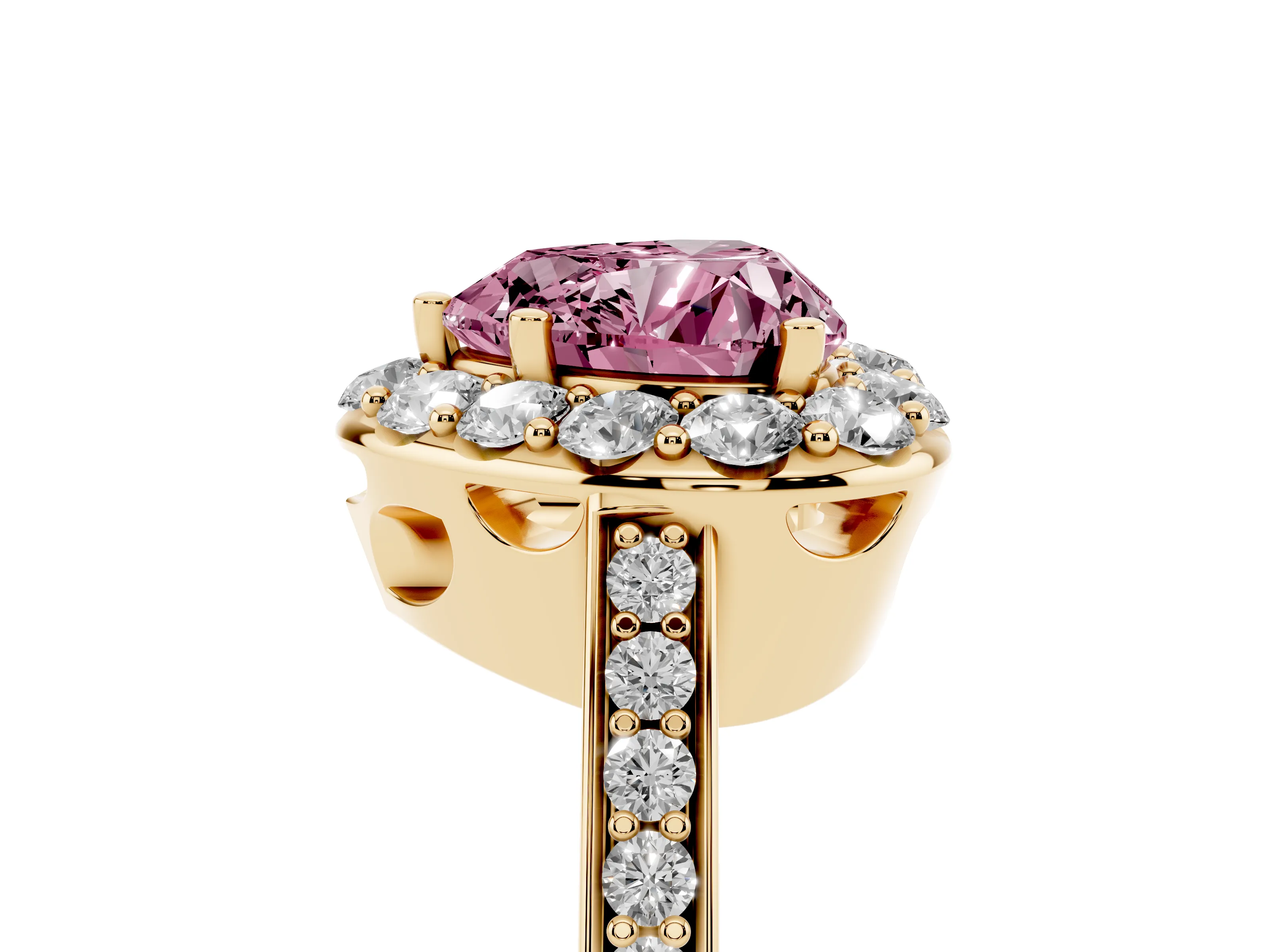 Fancy Pink Heart Cut Diamond Floral Halo Ring Set in Yellow gold with Pavé Band and Prong Setting