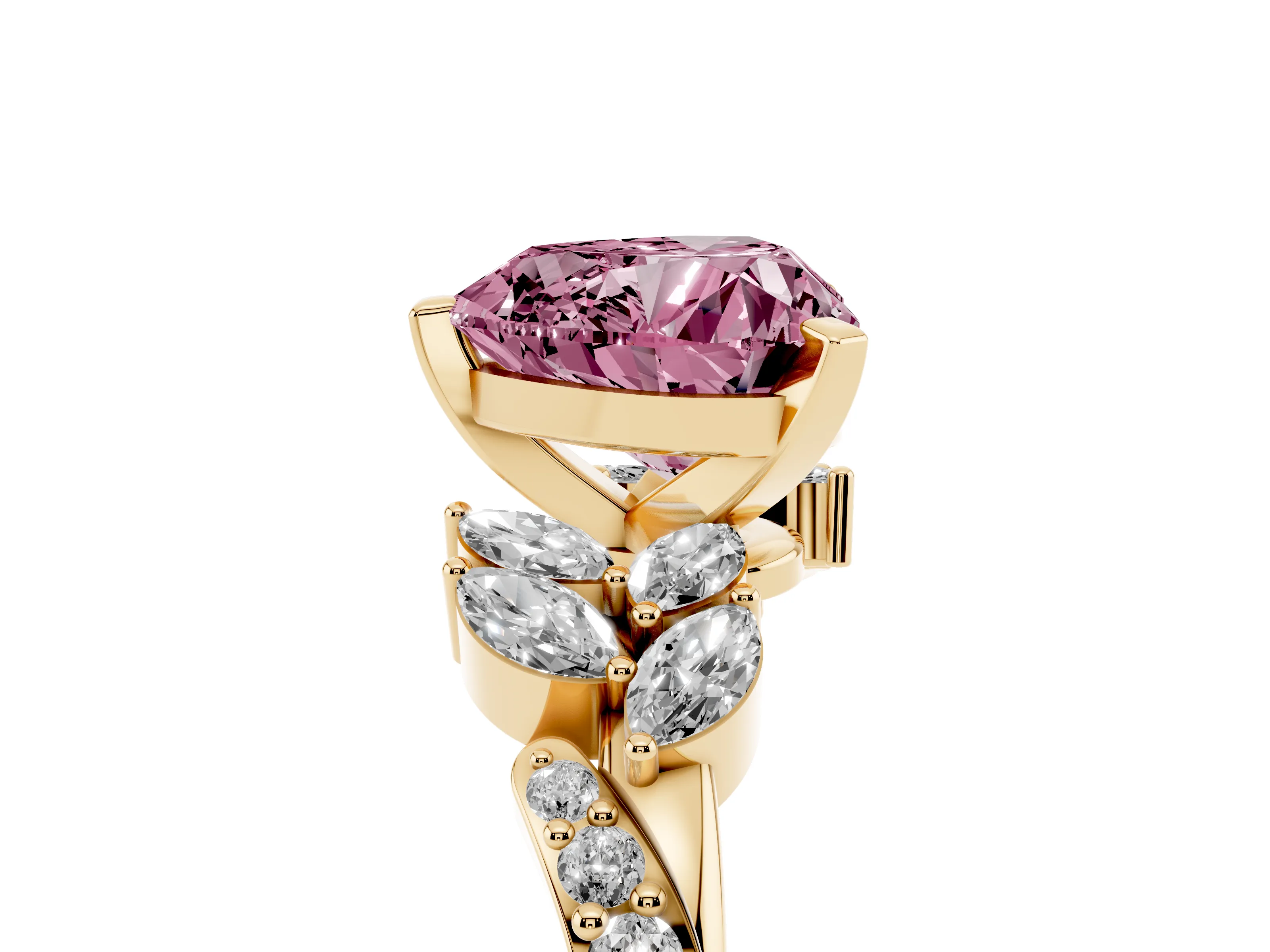 Fancy Pink Heart Cut Diamond Solitaire Ring Set in Yellow gold with Marquise Twist Band and Prong Setting