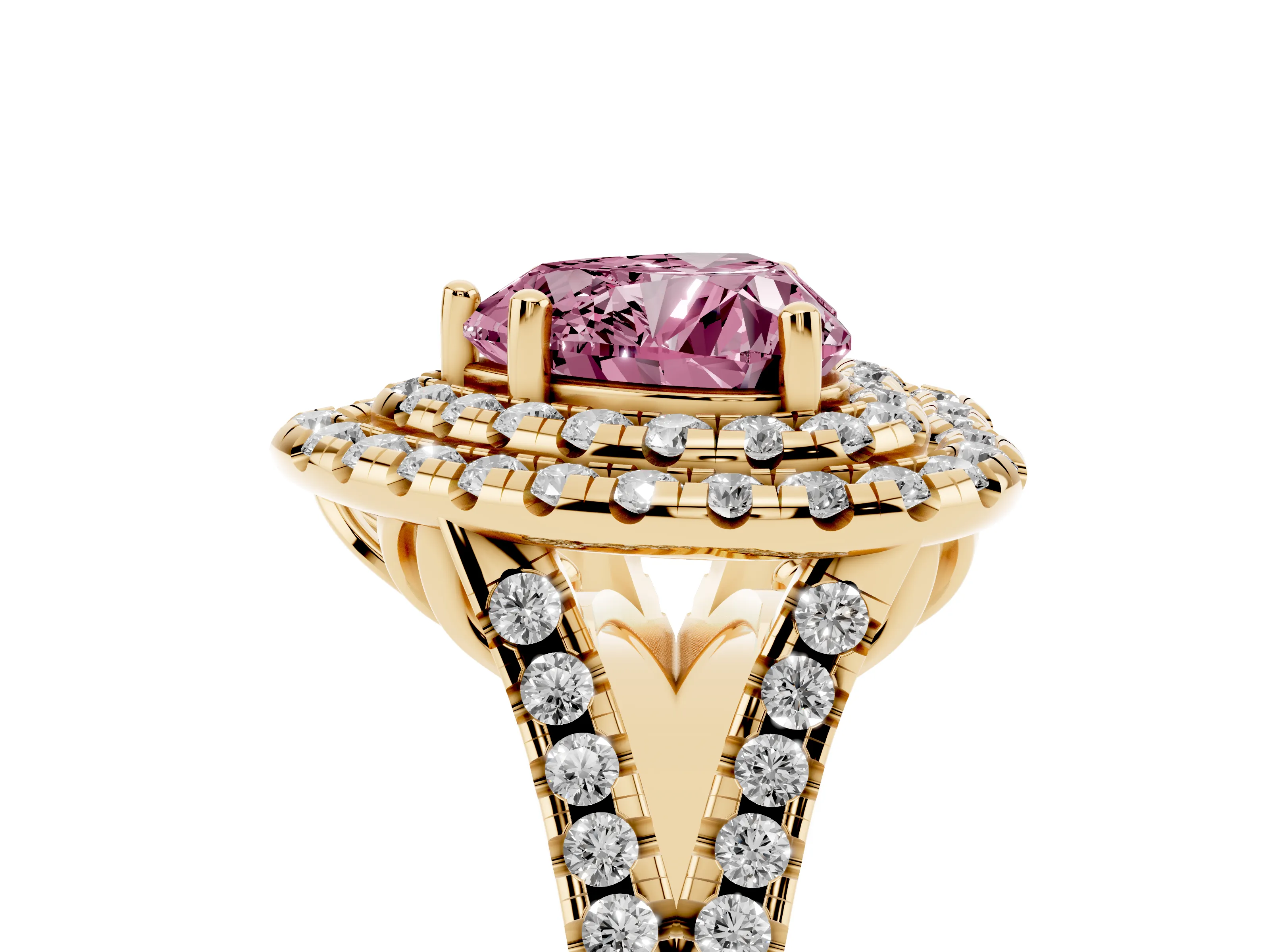 Fancy Pink Heart Cut Diamond Double Halo Ring Set in Yellow gold with Pavé Split Shank and Prong Setting