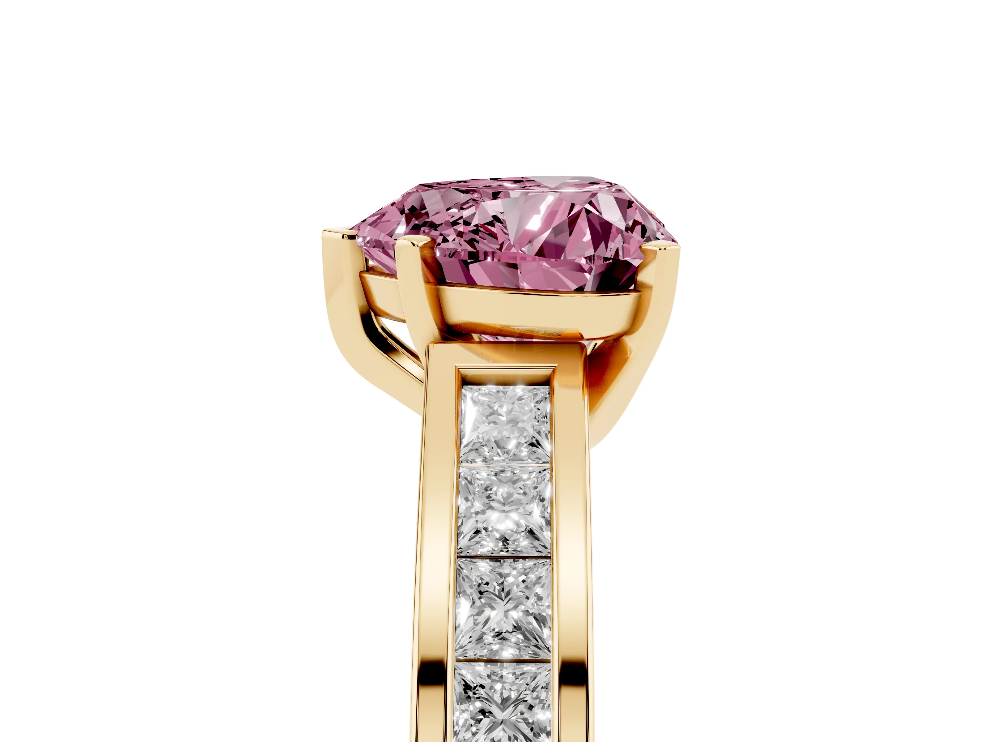 Fancy Pink Heart Cut Diamond Solitaire Ring Set in Yellow gold with Channel-Set Band and Prong Setting