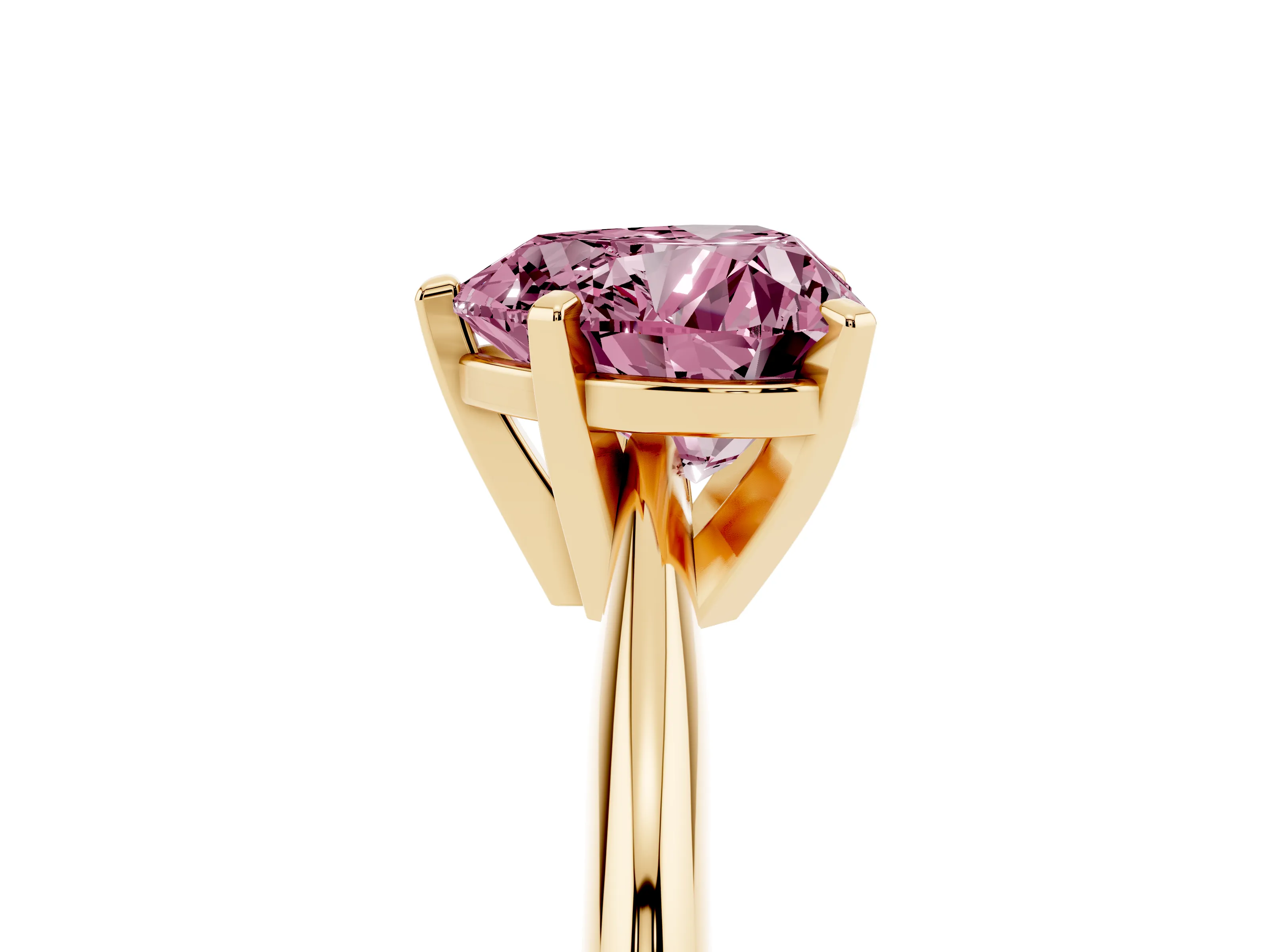 Fancy Pink Heart Cut Diamond Solitaire Ring Set in Yellow gold with Prong Setting on a Plain Round Band