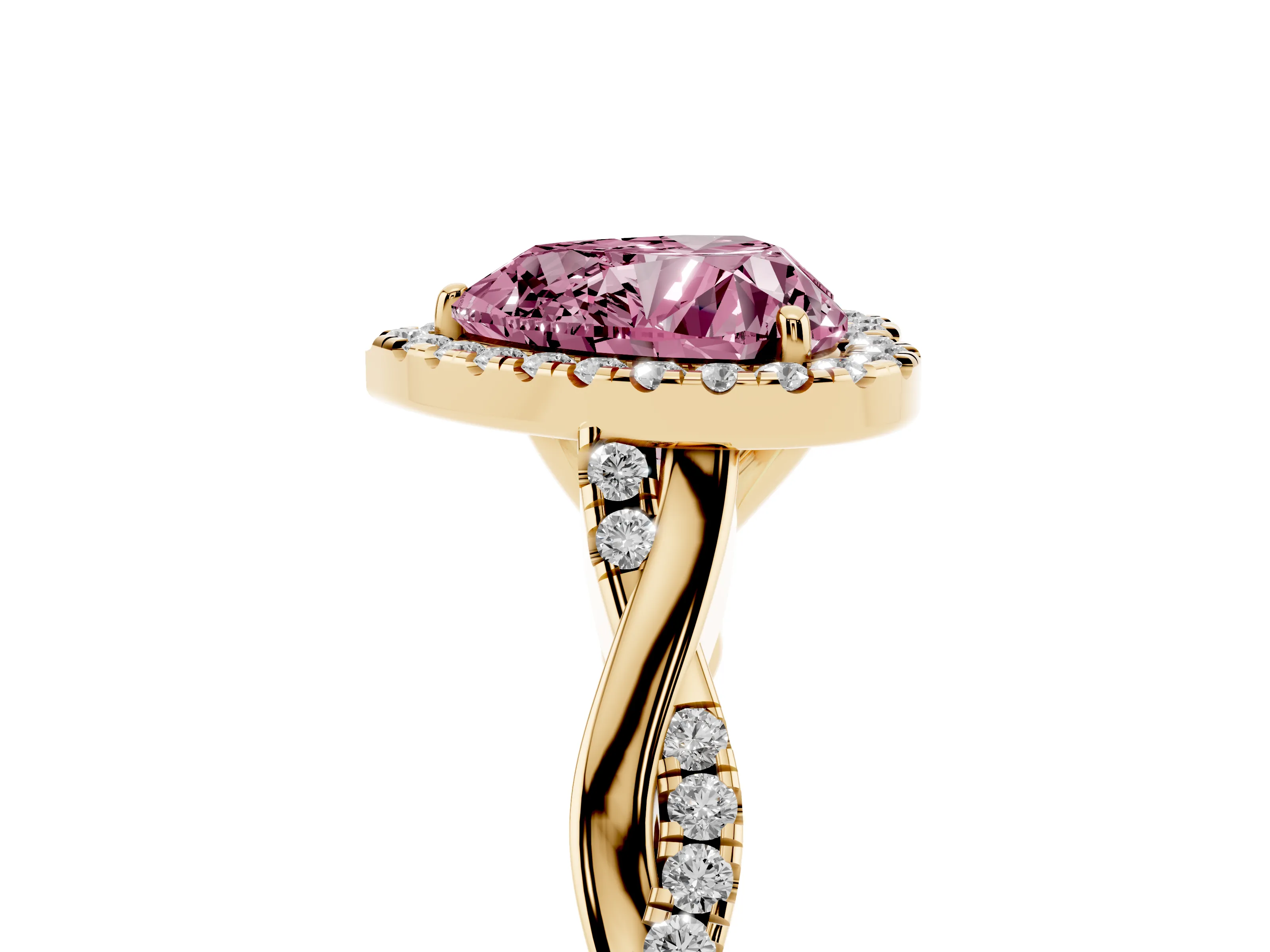 Fancy Pink Heart Cut Diamond Halo Twist Band Solitaire Ring Set in Yellow gold with Prong Setting