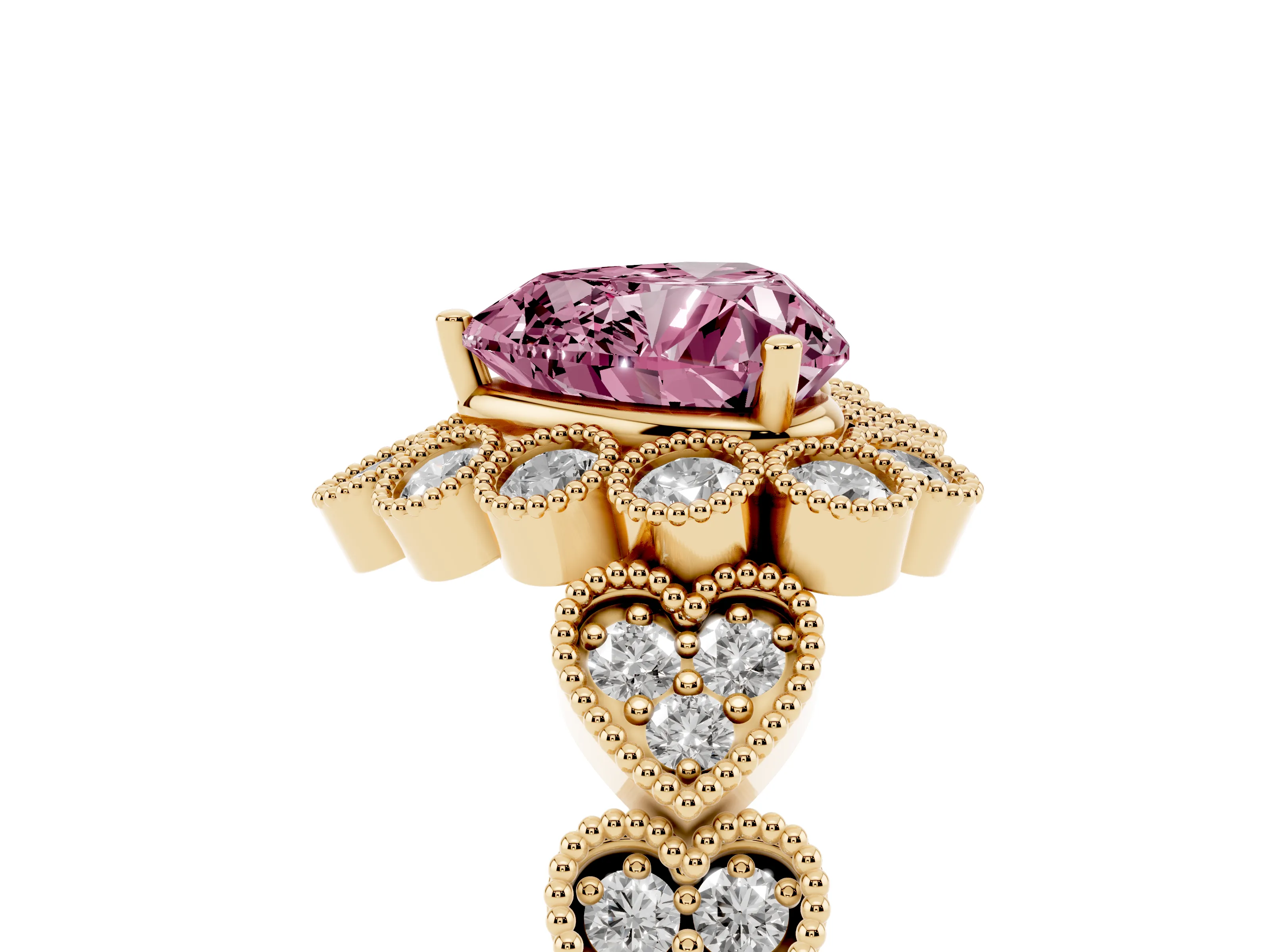 Fancy Pink Heart Cut Diamond Solitaire Ring Set in Yellow gold with Milgrain Pavé Heart Band