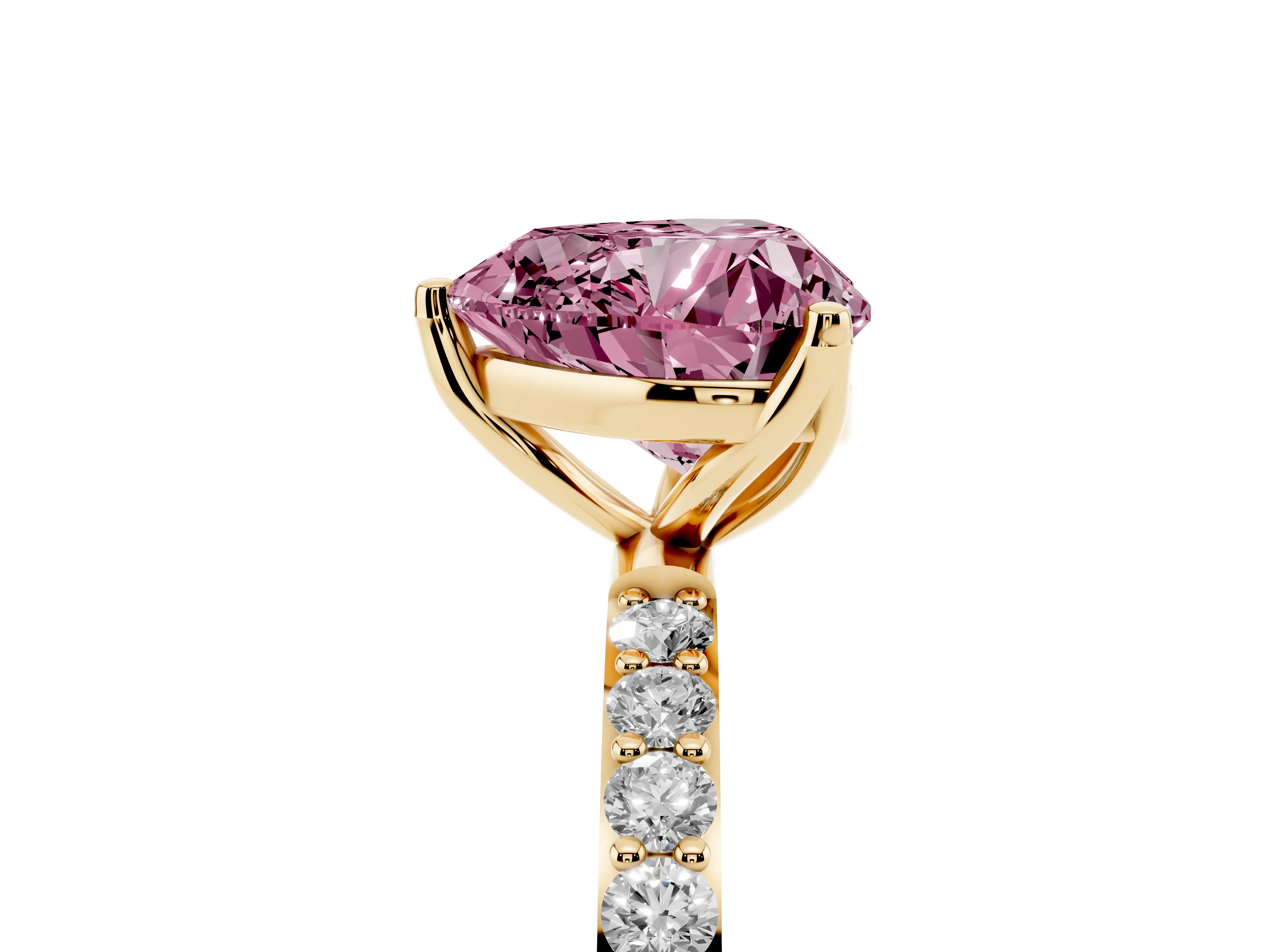 Fancy Pink Heart Cut Diamond Solitaire Engagement Ring Set in Yellow gold with Round Pavé Band and Prong Setting