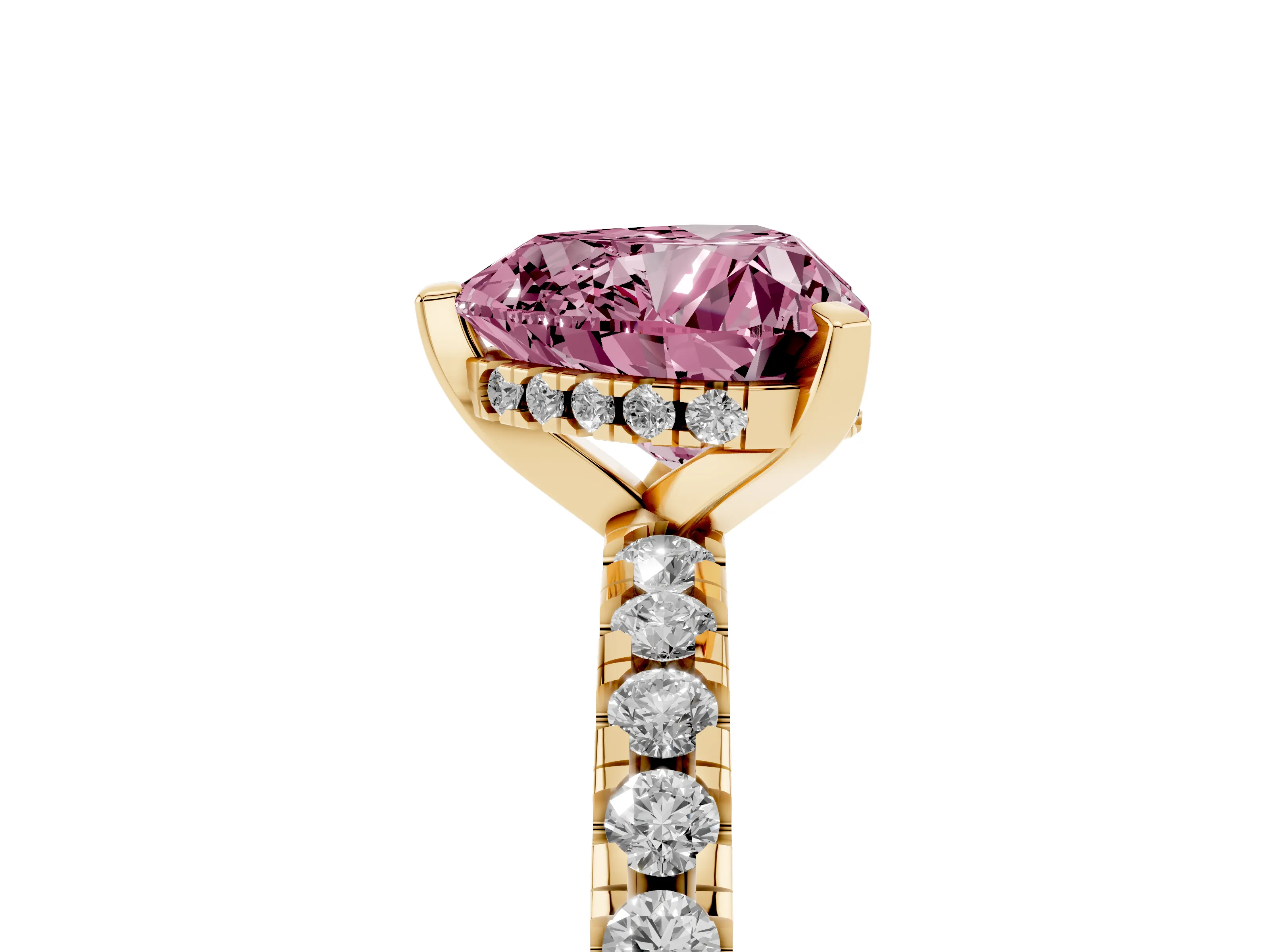Fancy Pink Heart Cut Diamond Pavé Solitaire Ring Set in Yellow gold with Round Band Accents and Prong Setting