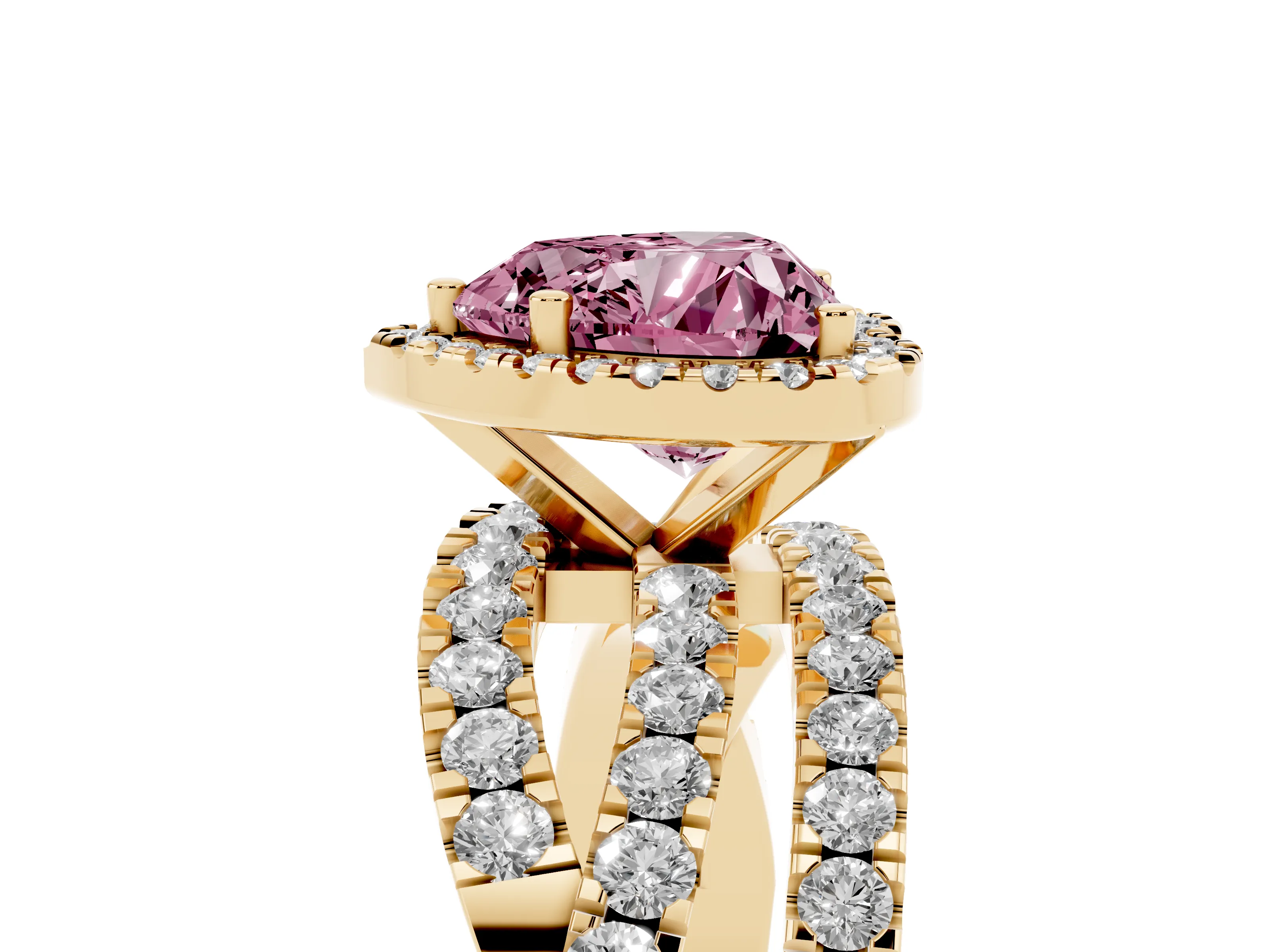 Fancy Pink Heart Cut Diamond Halo Ring Set in Yellow gold with Round Crossover Split Shank and Prong Setting