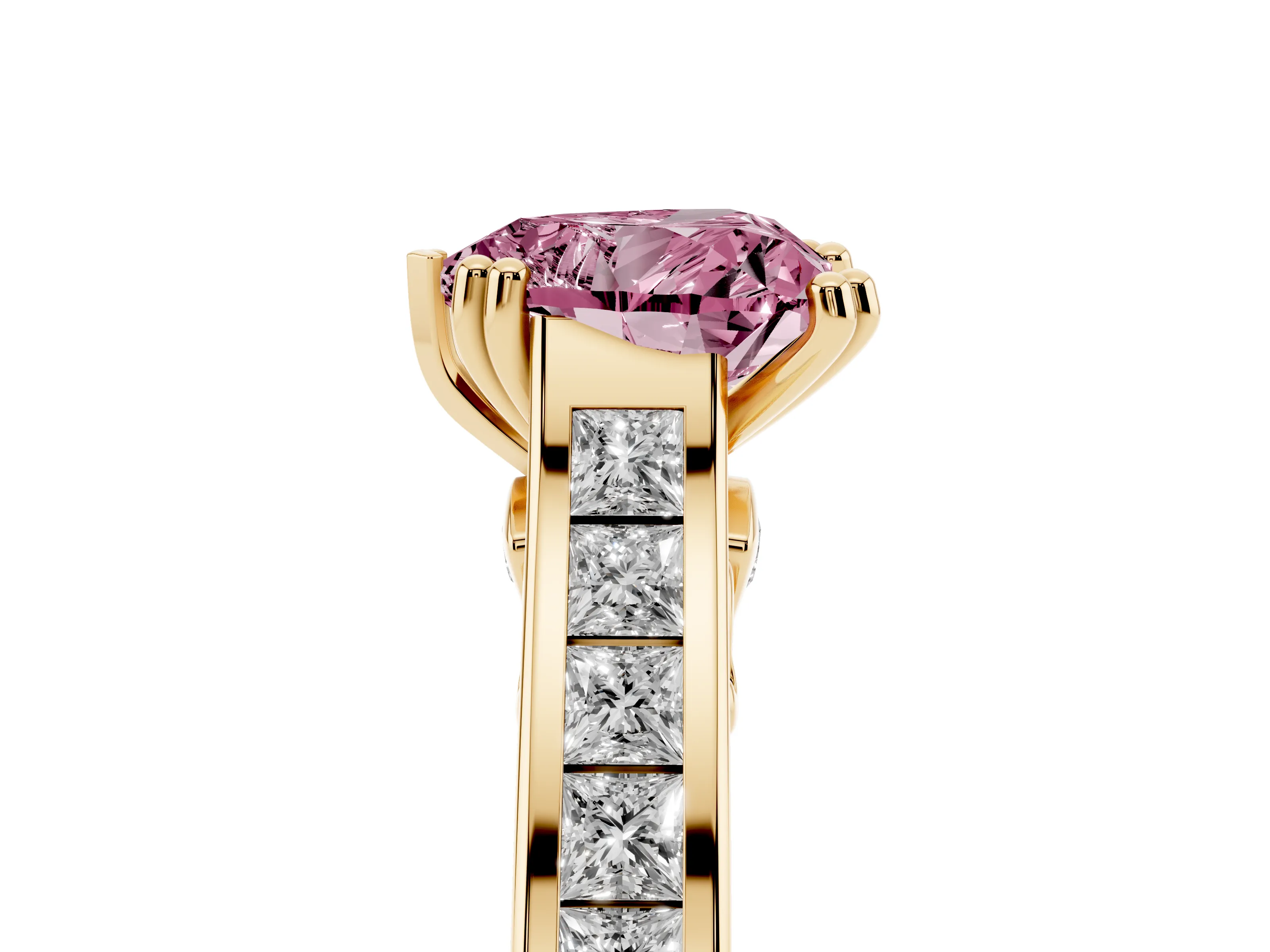 Fancy Pink Heart Cut Diamond Channel Set Solitaire Engagement Ring Set in Yellow gold with Prong Setting