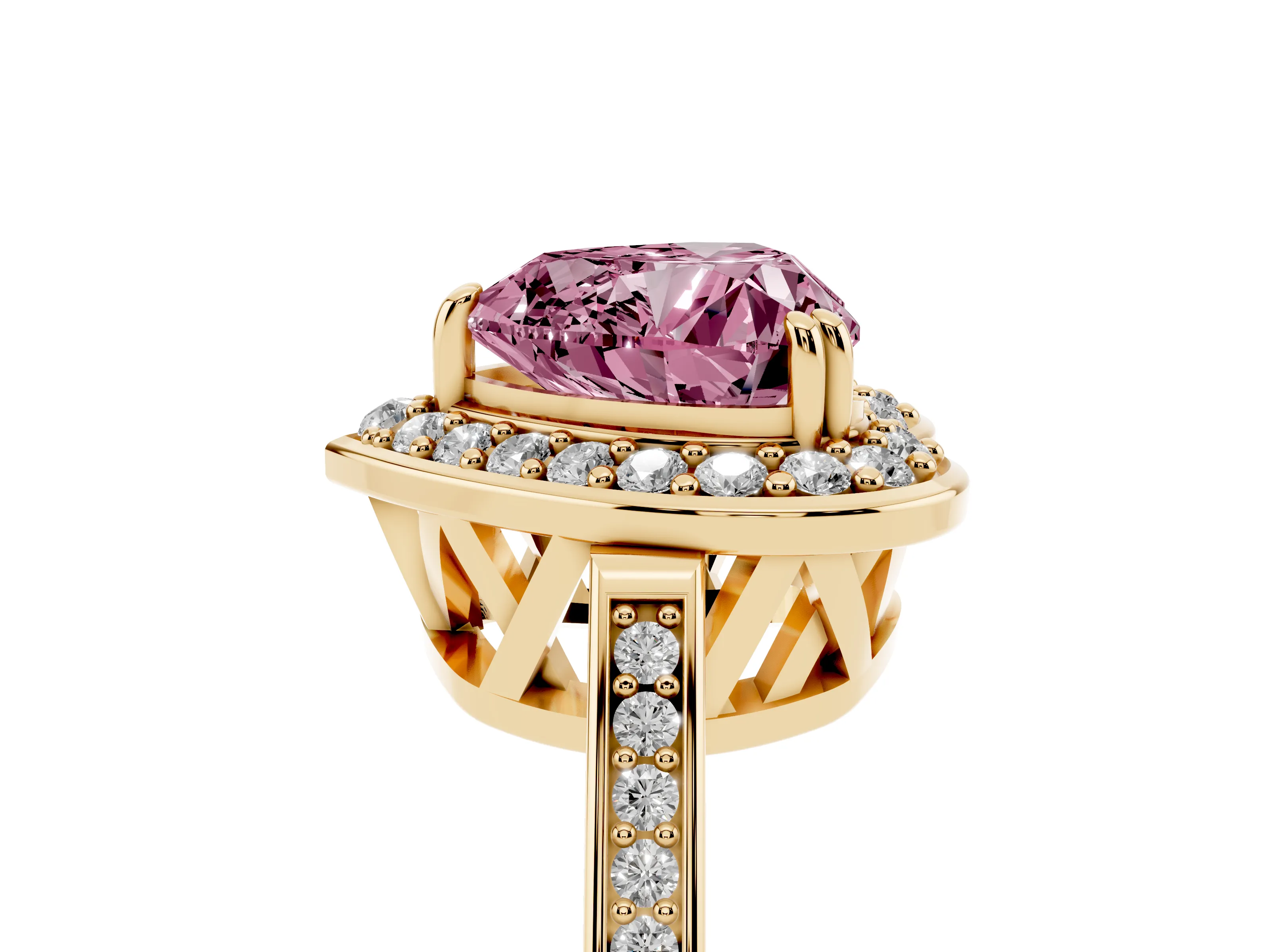 Fancy Pink Heart Cut Diamond Halo Ring Set in Yellow gold with Accent-Lined Split Shank and Prong Setting