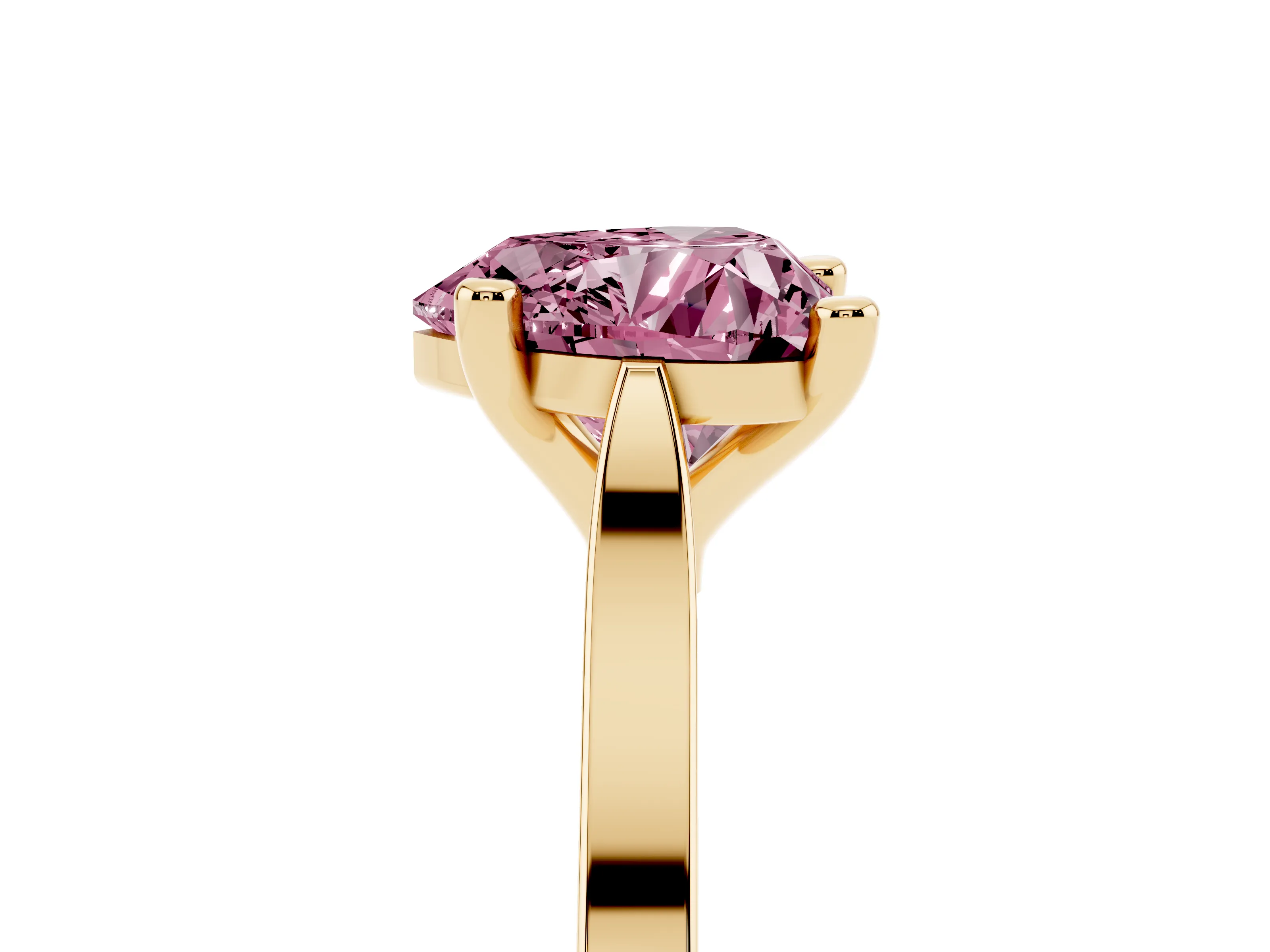 Fancy Pink Heart Cut Diamond Solitaire Ring Set in Yellow gold with Prong Setting and Tapered Band