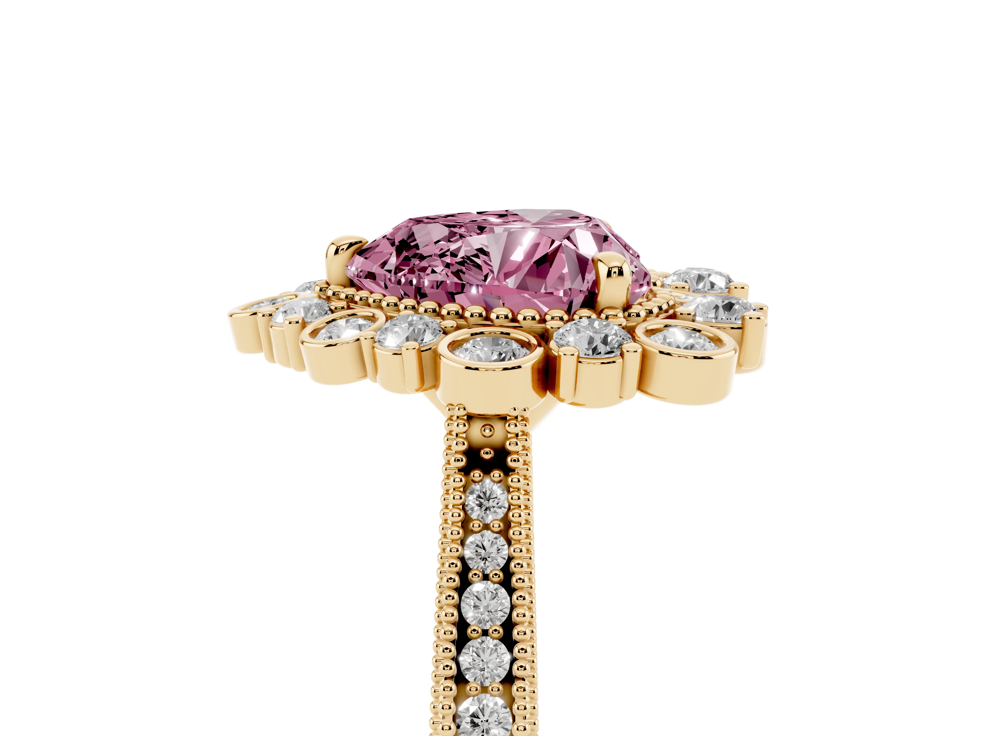 Fancy Pink Heart Cut Diamond Halo Milgrain Pavé Ring Set in Yellow gold with Prong Setting