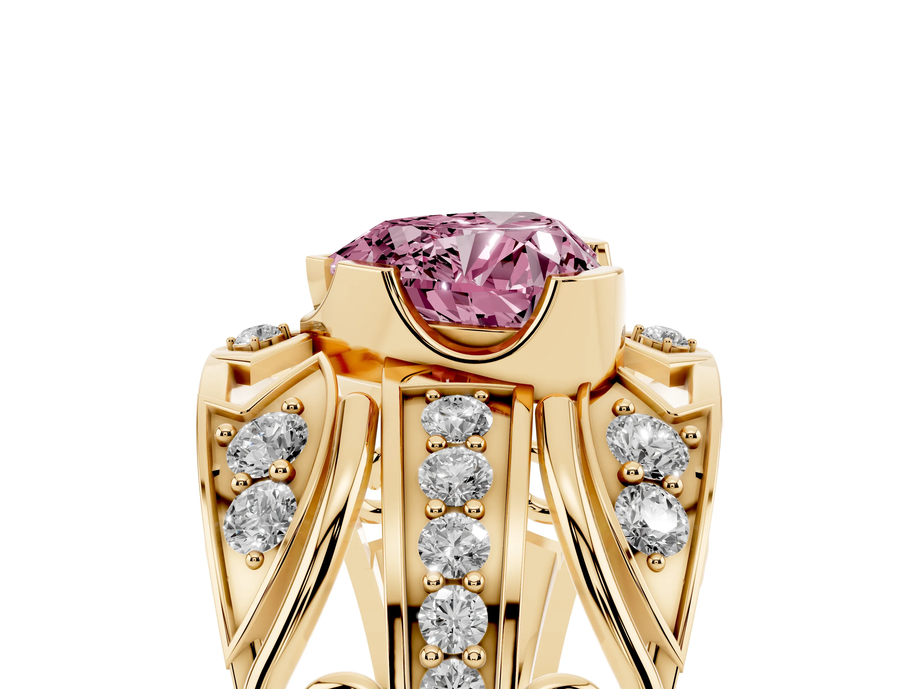Fancy Pink Heart Cut Diamond Art Deco Ring Set in Yellow gold with Pavé Split Shank