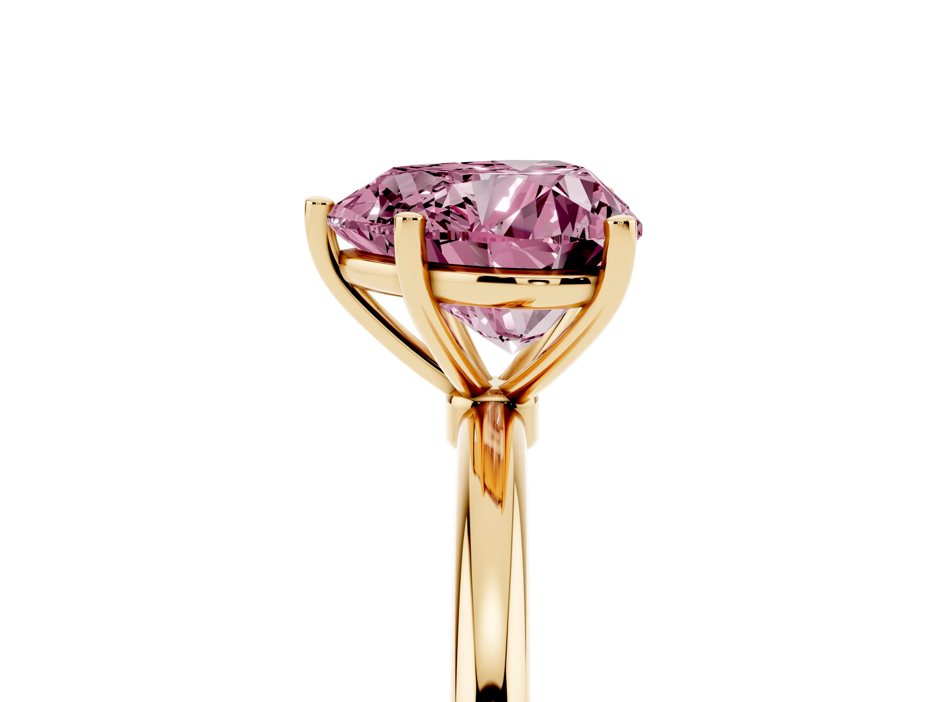 Fancy Pink Heart Cut Diamond Solitaire Engagement Ring Set in Yellow gold with Thin Band and Prong Setting