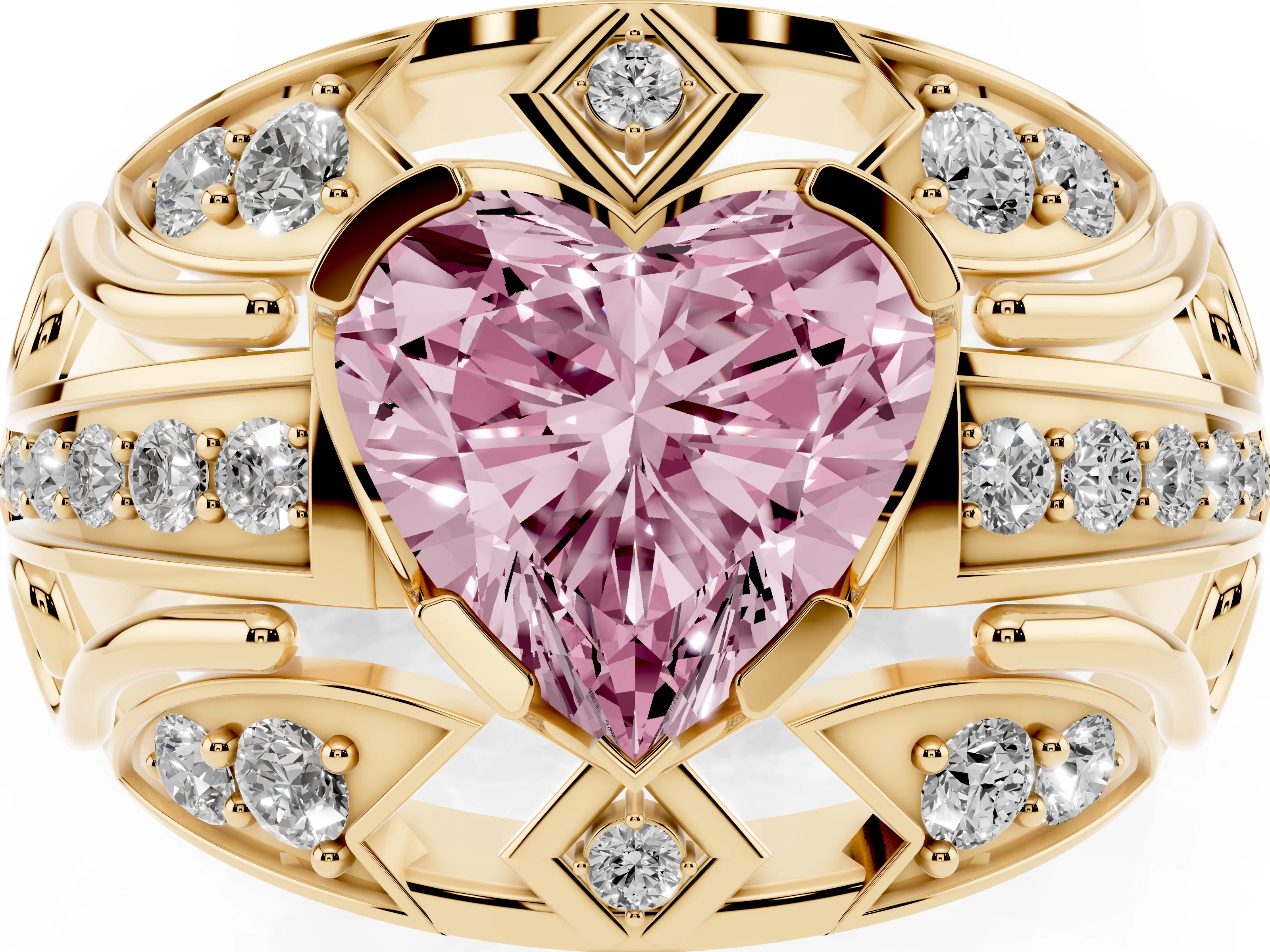 Fancy Pink Heart Cut Diamond Art Deco Ring Set in Yellow gold with Pavé Split Shank