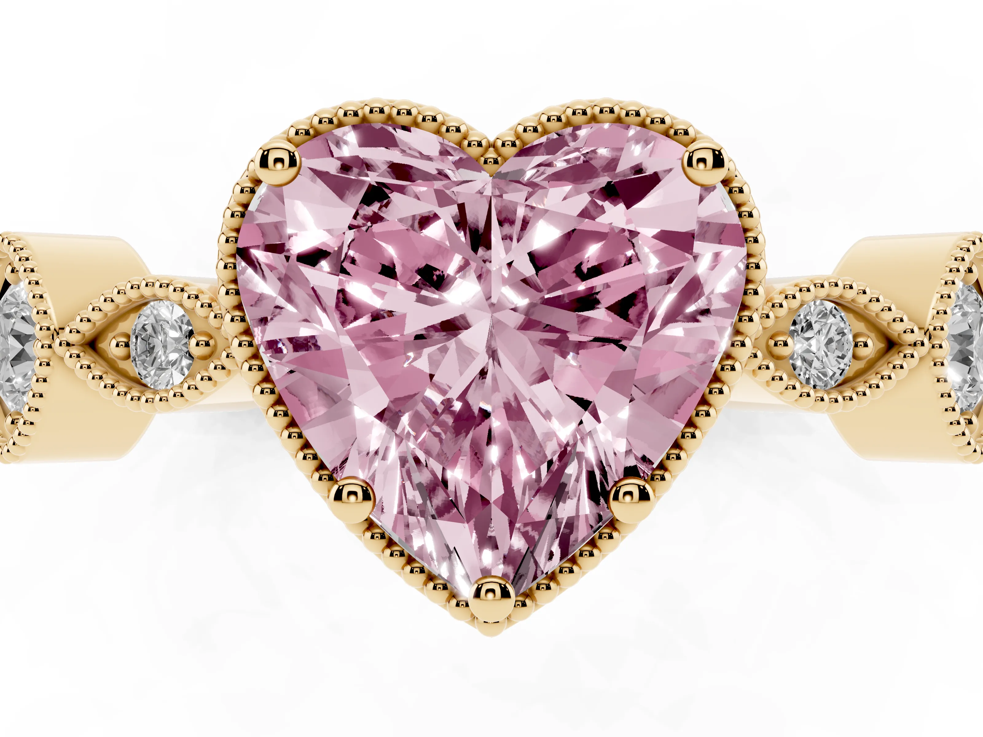 Fancy Pink Heart Cut Diamond Vintage-Inspired Milgrain Ring Set in Yellow gold with Marquise Stations of Round Accents