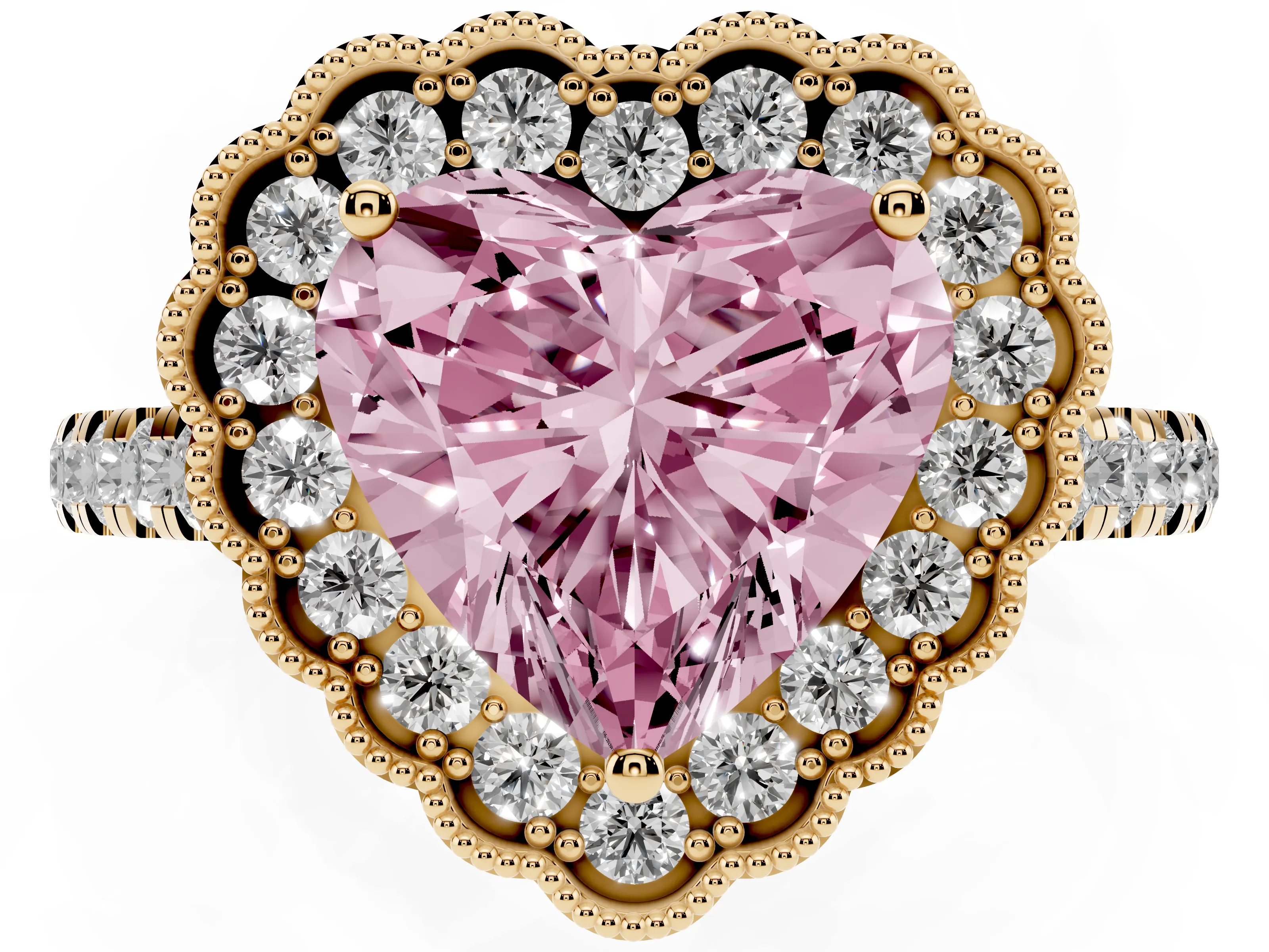 Fancy Pink Heart Cut Diamond Milgrain Floral Halo Engagement Ring Set in Yellow gold with Pavé Band